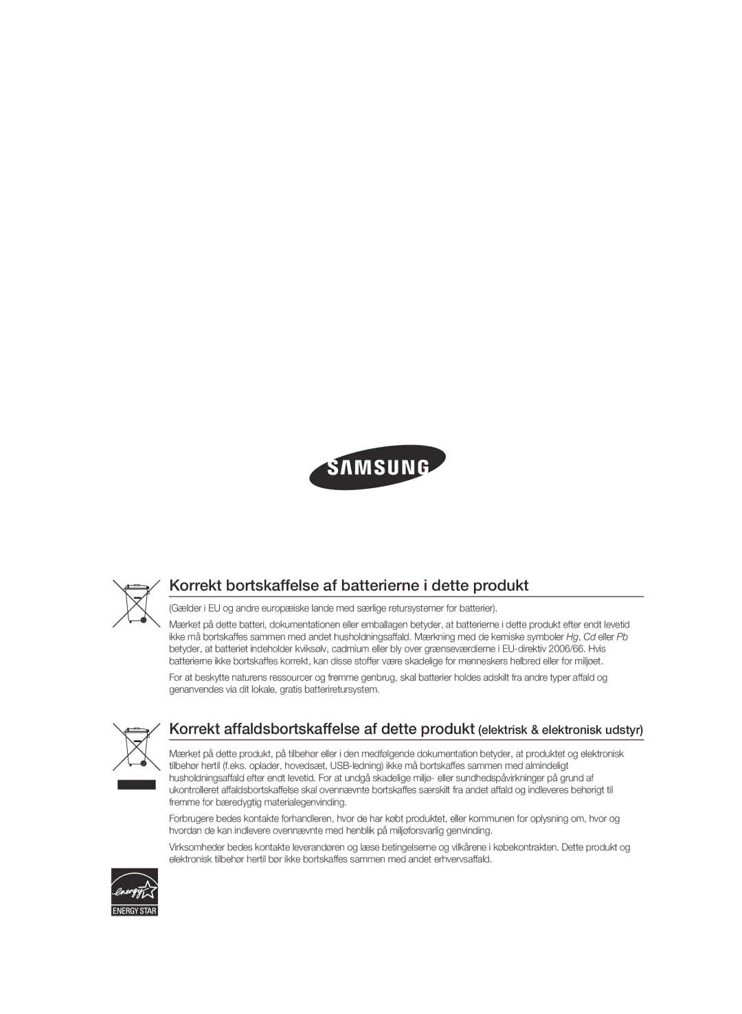 Samsung BD-C5300/XEE manual Korrekt bortskaffelse af batterierne i dette produkt 