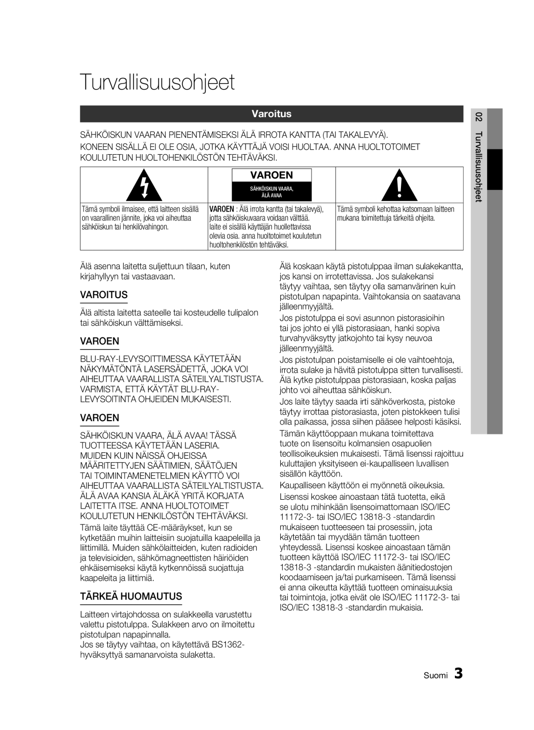 Samsung BD-C5300/XEE manual Turvallisuusohjeet, Varoitus, Mukana toimitettuja tärkeitä ohjeita 