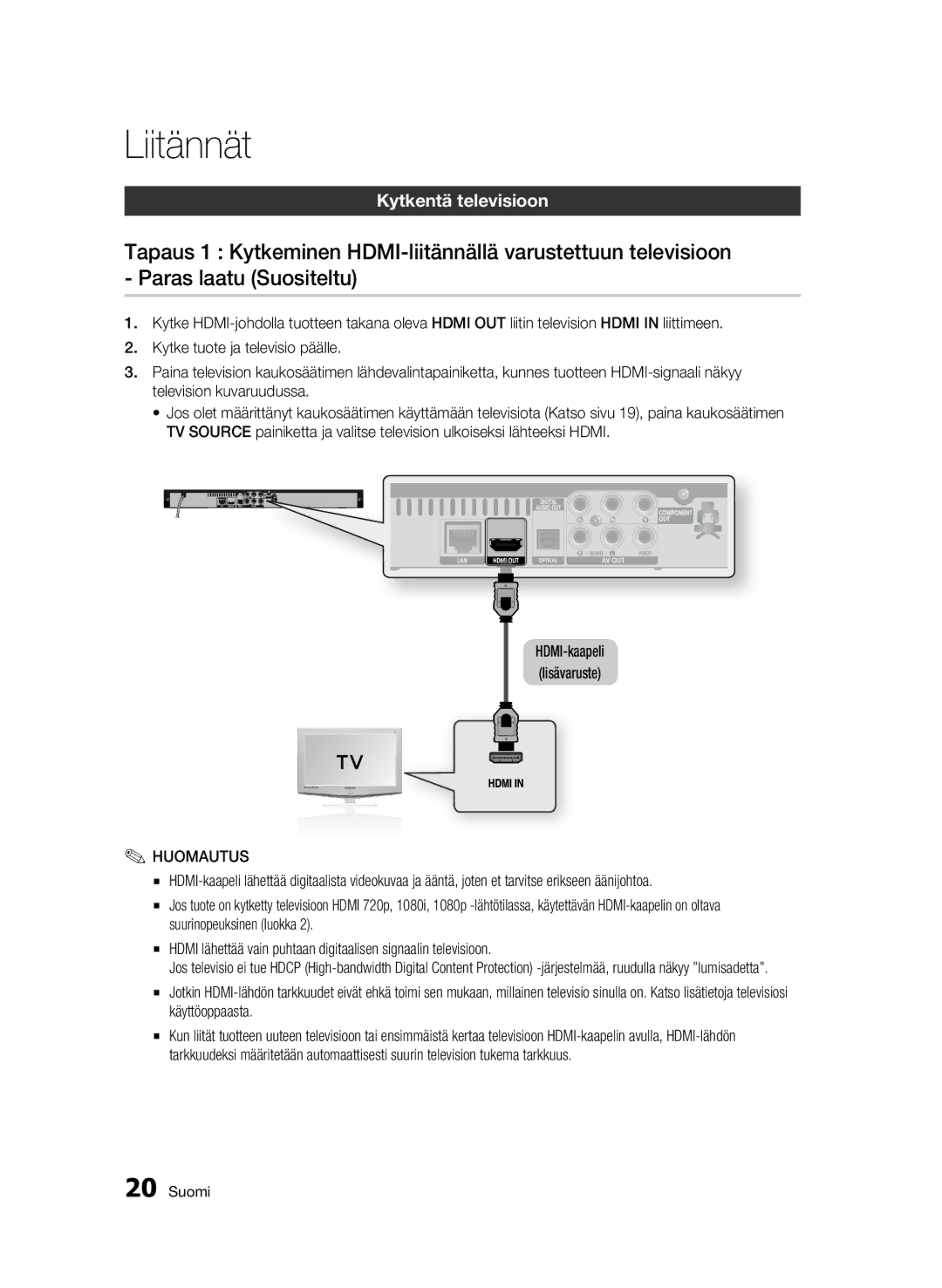 Samsung BD-C5300/XEE manual Liitännät, Kytkentä televisioon 