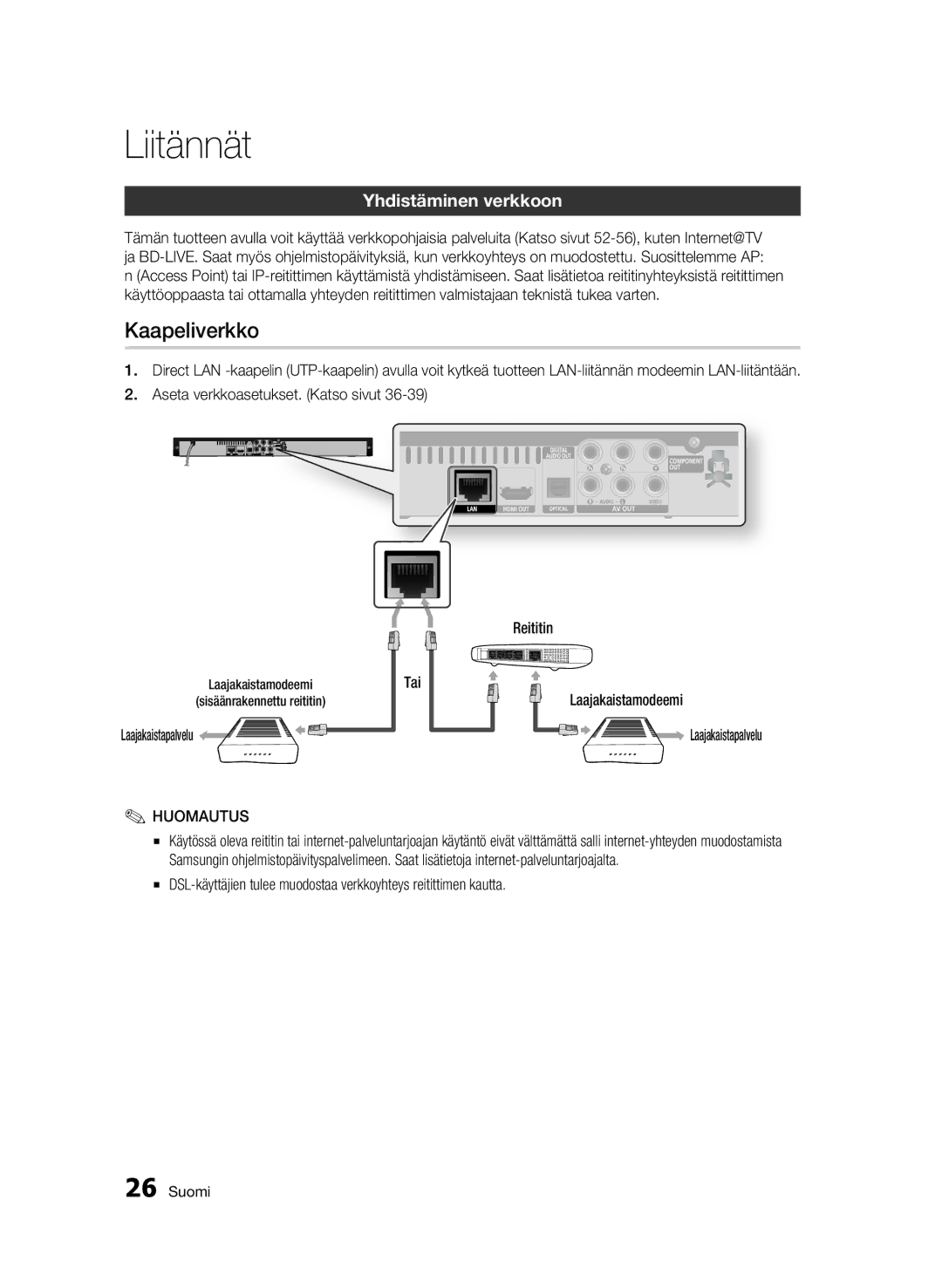 Samsung BD-C5300/XEE manual Kaapeliverkko, Yhdistäminen verkkoon, Tai Laajakaistamodeemi, Laajakaistapalvelu 