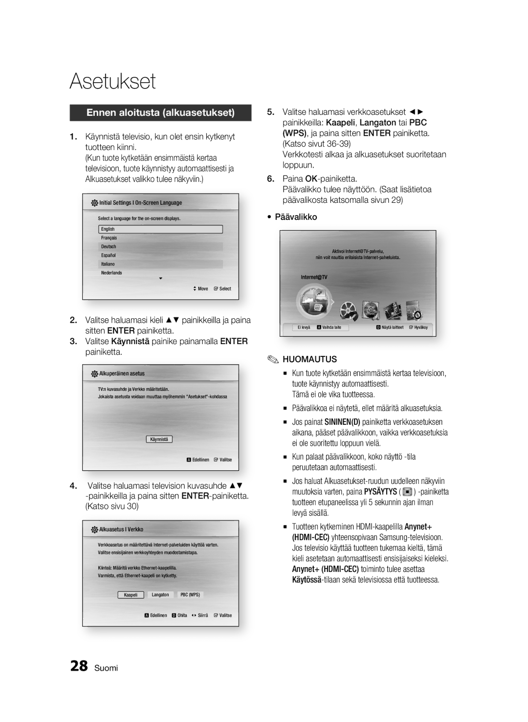 Samsung BD-C5300/XEE manual Asetukset, Ennen aloitusta alkuasetukset, Päävalikko 