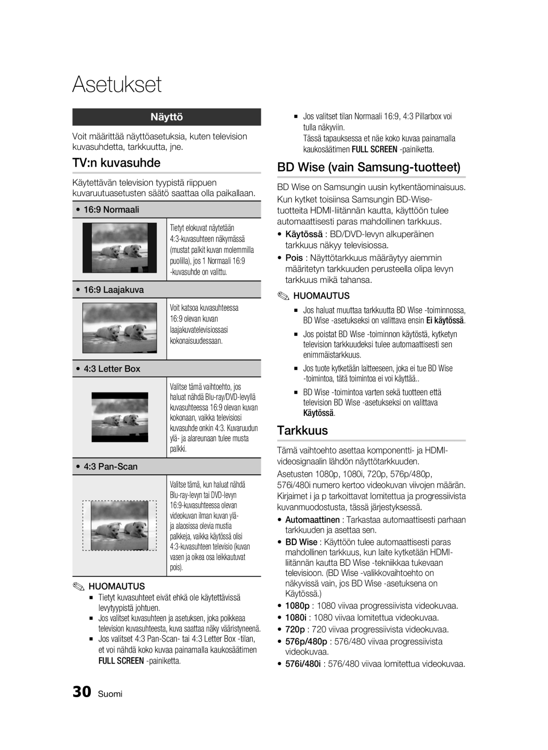 Samsung BD-C5300/XEE manual TVn kuvasuhde, BD Wise vain Samsung-tuotteet, Tarkkuus, Näyttö 