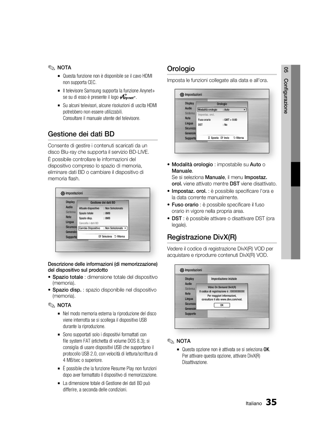 Samsung BD-C5300/XEF Gestione dei dati BD, Orologio, Registrazione DivXR, Imposta le funzioni collegate alla data e allora 