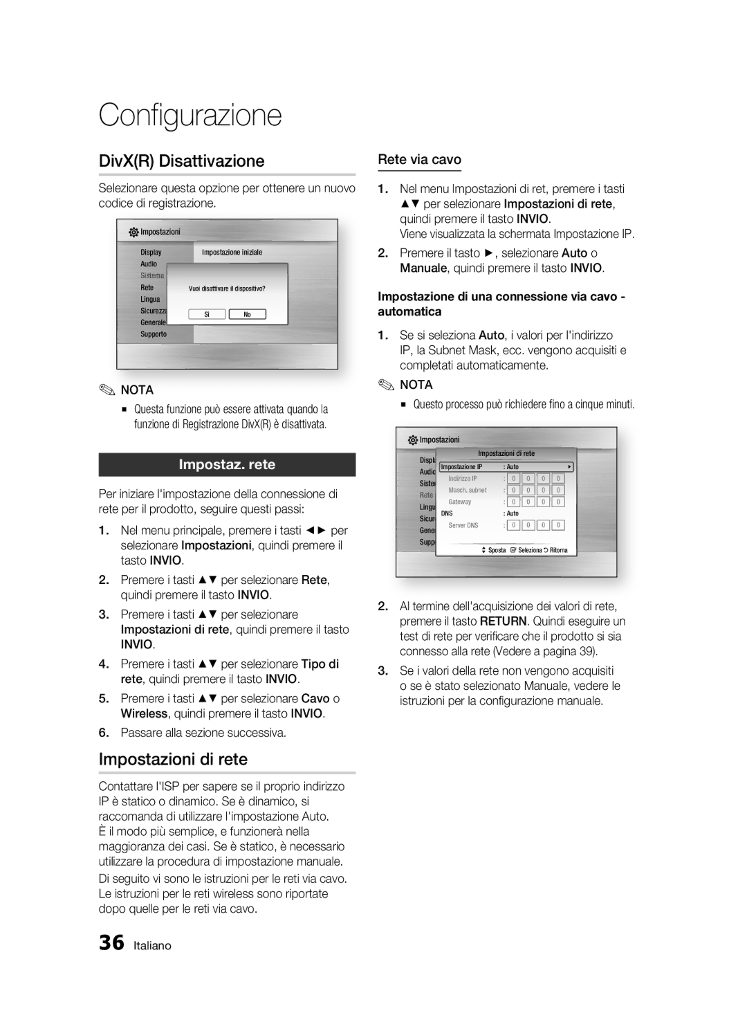 Samsung BD-C5300/XEF manual DivXR Disattivazione, Impostazioni di rete, Impostaz. rete, Rete via cavo 