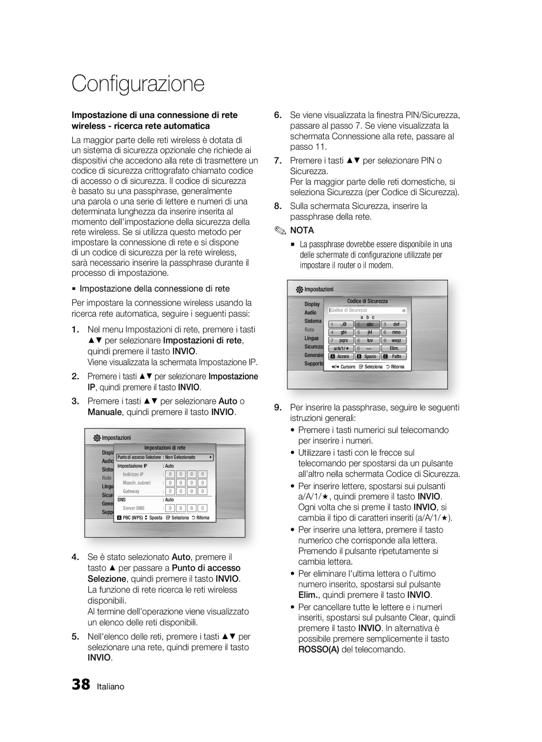 Samsung BD-C5300/XEF manual  Impostazione della connessione di rete, Premere i tasti per selezionare PIN o Sicurezza 