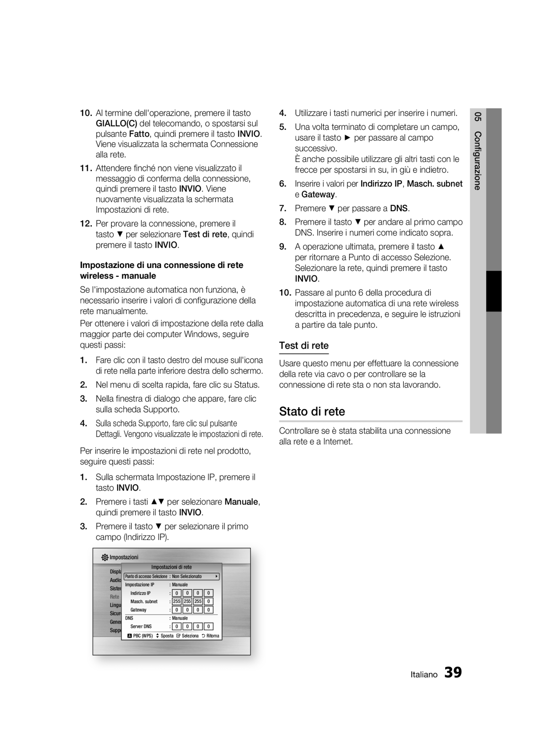 Samsung BD-C5300/XEF Stato di rete, Test di rete, Impostazione di una connessione di rete wireless manuale 