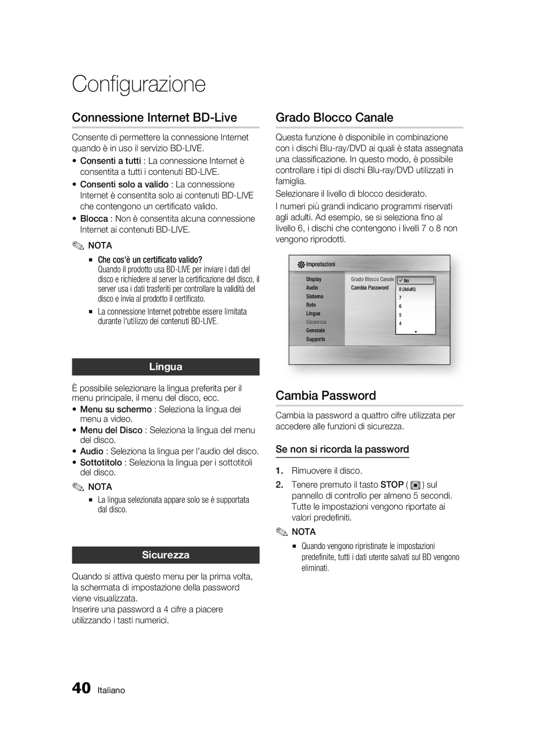 Samsung BD-C5300/XEF manual Connessione Internet BD-Live, Grado Blocco Canale, Cambia Password, Lingua, Sicurezza 