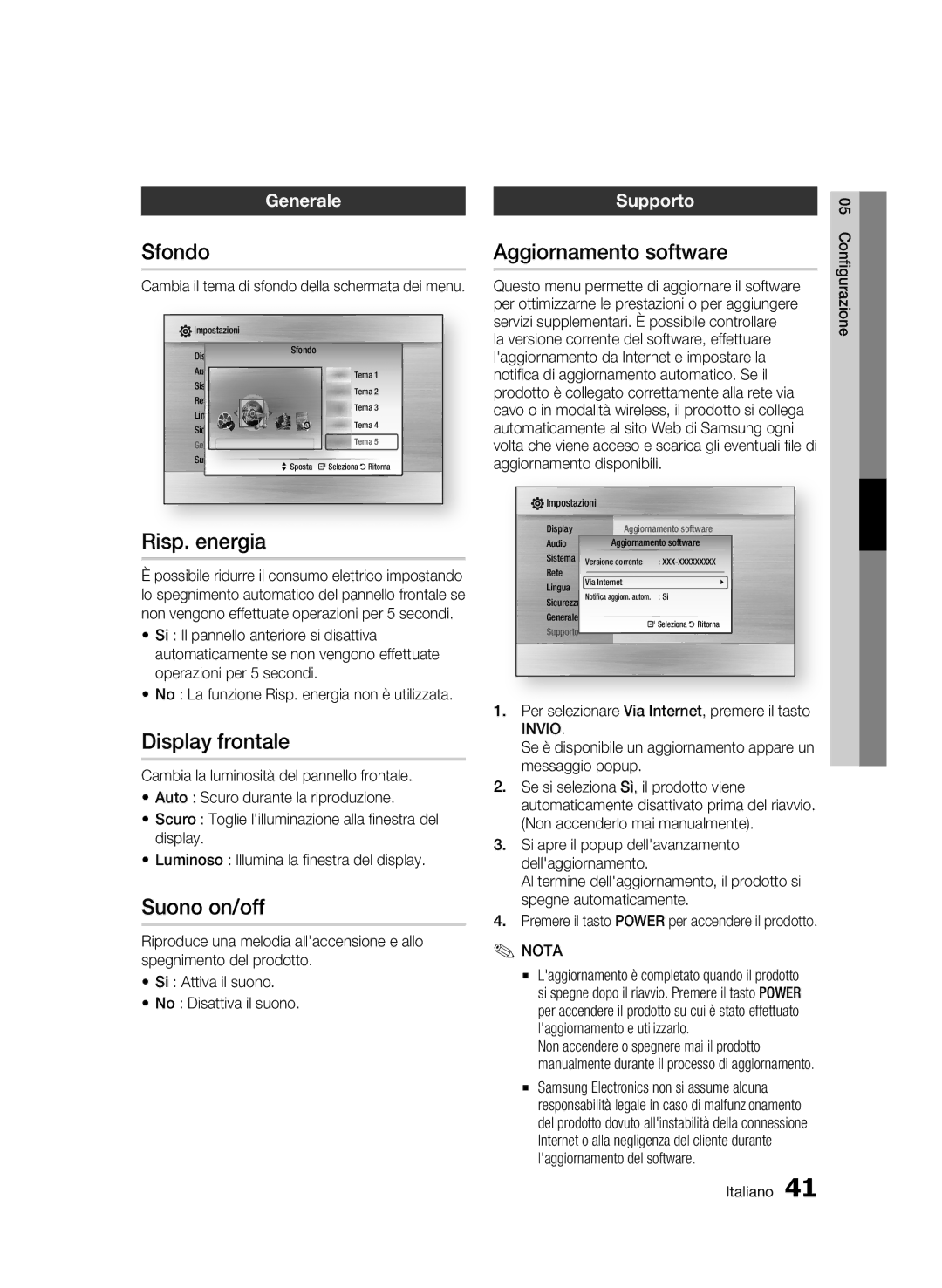 Samsung BD-C5300/XEF manual Sfondo, Risp. energia, Display frontale, Suono on/off, Aggiornamento software 