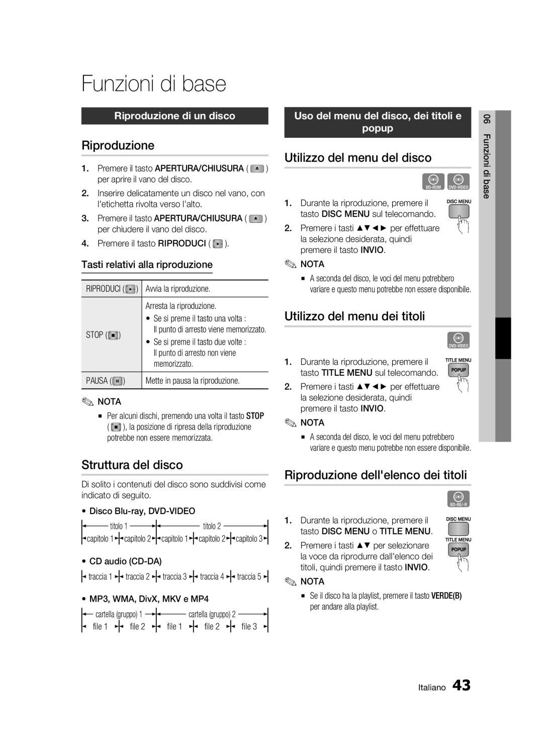 Samsung BD-C5300/XEF manual Funzioni di base 