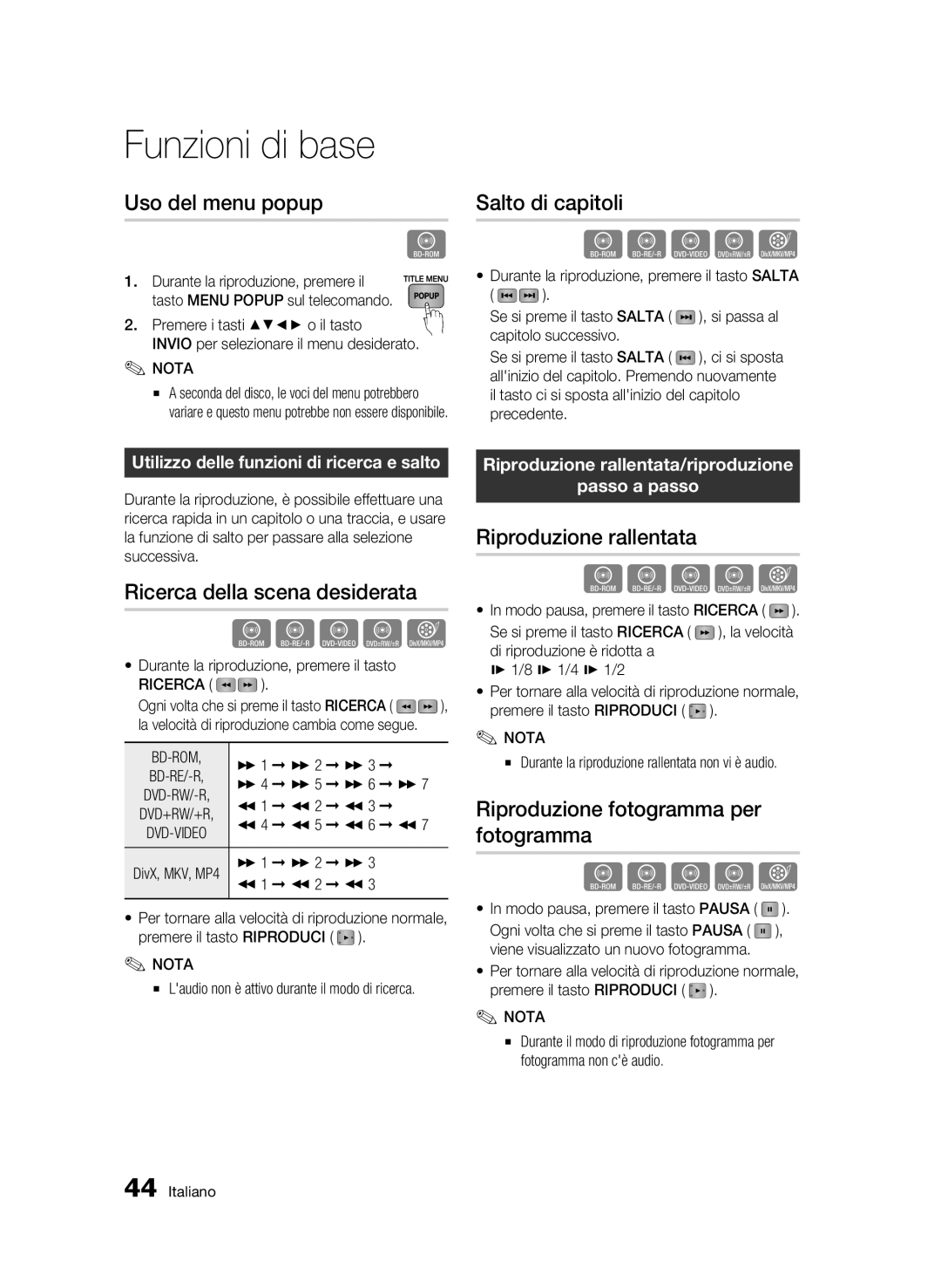 Samsung BD-C5300/XEF manual Uso del menu popup, Salto di capitoli, Ricerca della scena desiderata, Riproduzione rallentata 