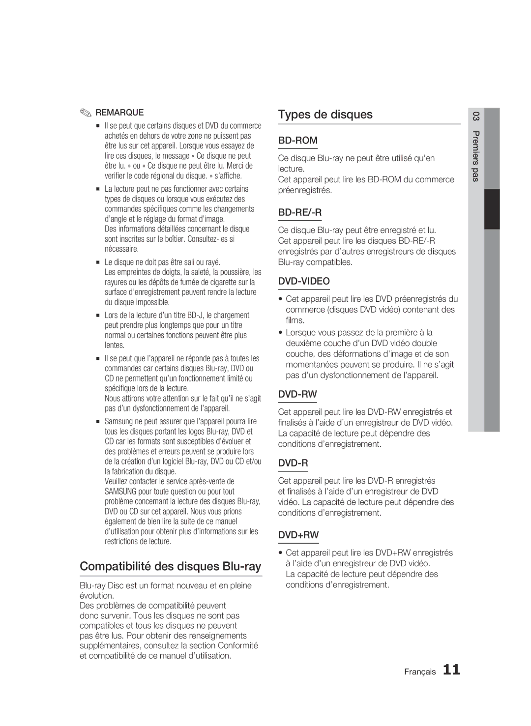 Samsung BD-C5300/XEF manual Compatibilité des disques Blu-ray, Types de disques, Le disque ne doit pas être sali ou rayé 