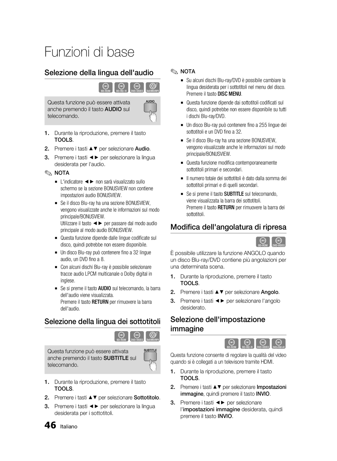 Samsung BD-C5300/XEF manual Selezione della lingua dellaudio, Selezione della lingua dei sottotitoli 