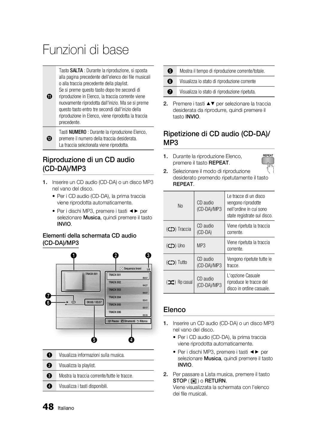 Samsung BD-C5300/XEF manual Riproduzione di un CD audio CD-DA/MP3, Ripetizione di CD audio CD-DA/ MP3, Elenco, Repeat 