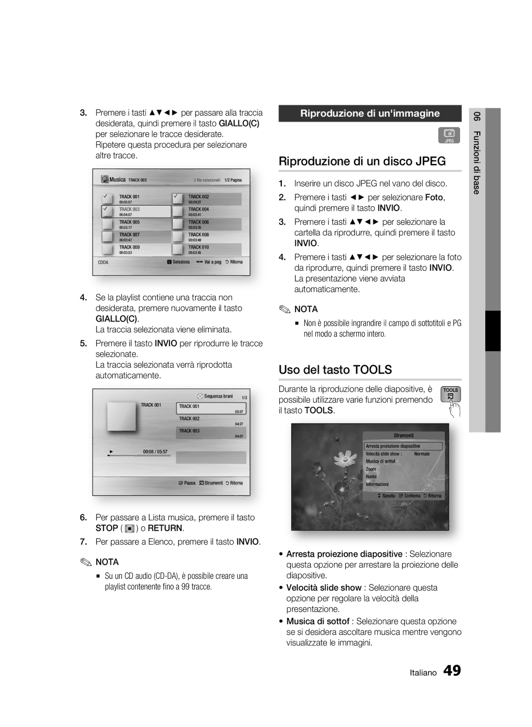 Samsung BD-C5300/XEF manual Riproduzione di un disco Jpeg, Uso del tasto Tools, Riproduzione di unimmagine 