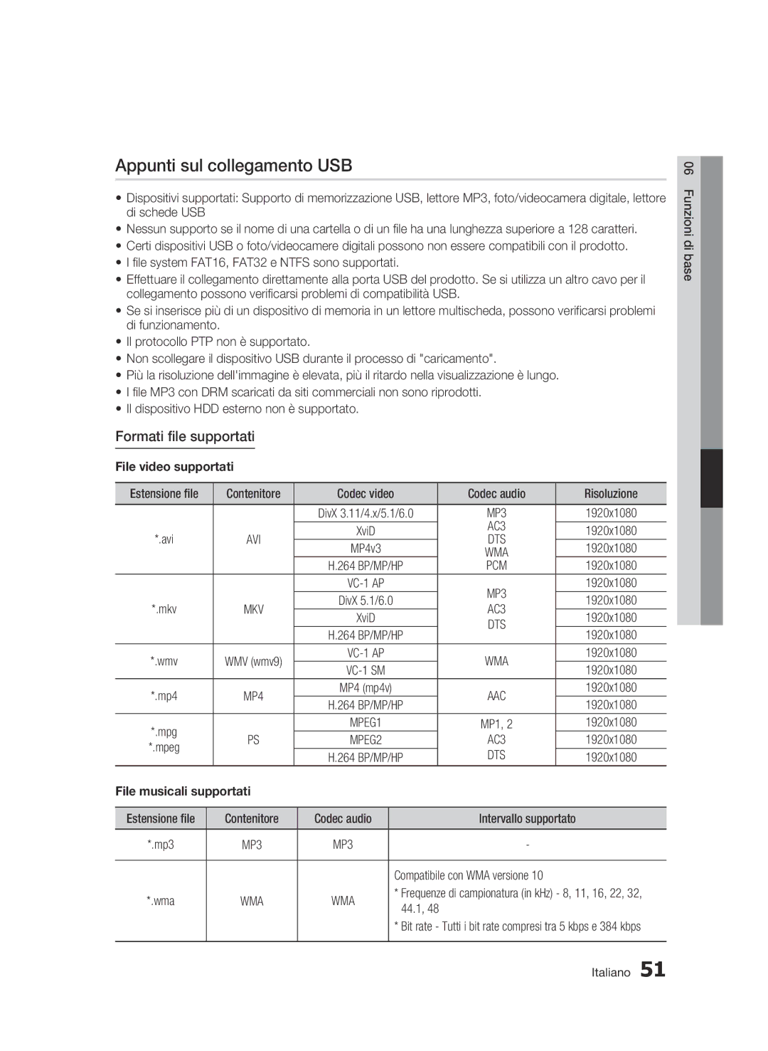 Samsung BD-C5300/XEF manual Appunti sul collegamento USB, Formati file supportati, File video supportati 