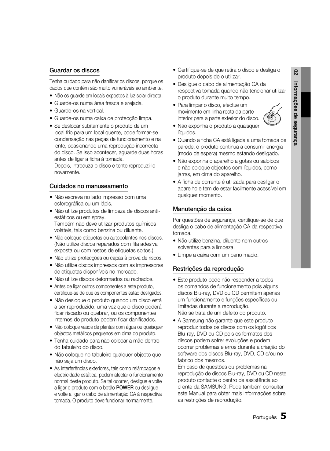 Samsung BD-C5300/XEF manual Guardar os discos, Cuidados no manuseamento, Manutenção da caixa, Restrições da reprodução 