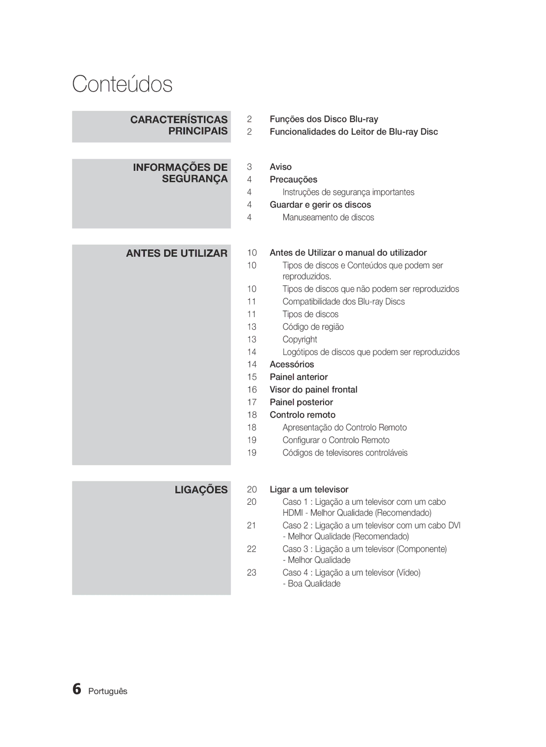 Samsung BD-C5300/XEF manual Conteúdos 