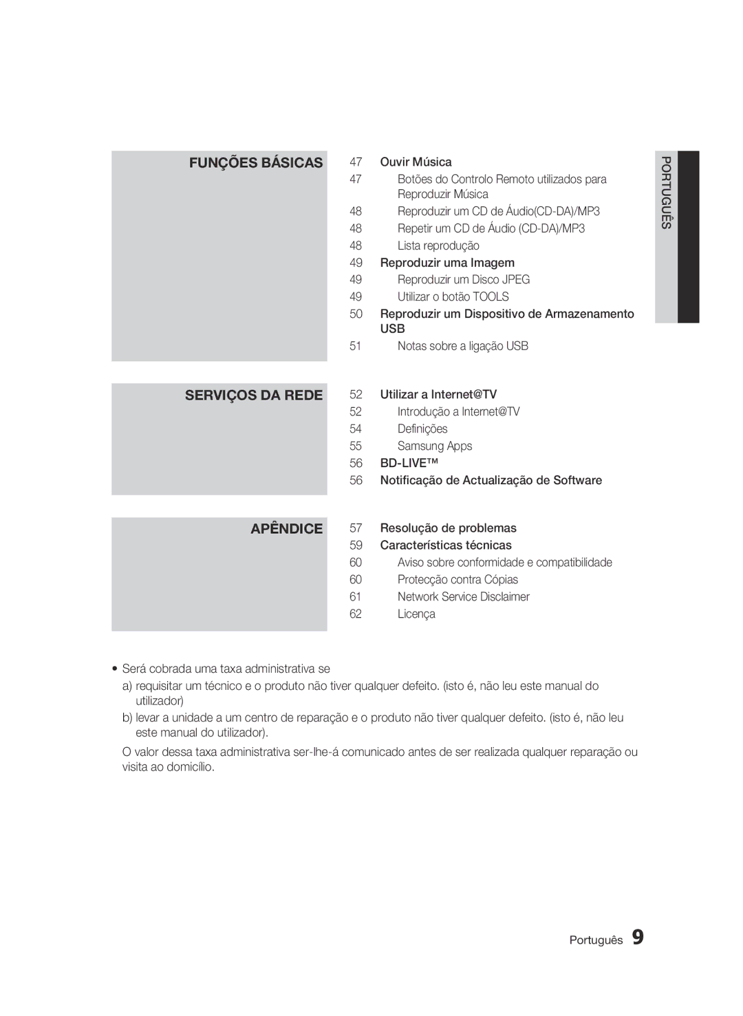 Samsung BD-C5300/XEF manual Serviços da rede, Apêndice, Usb 