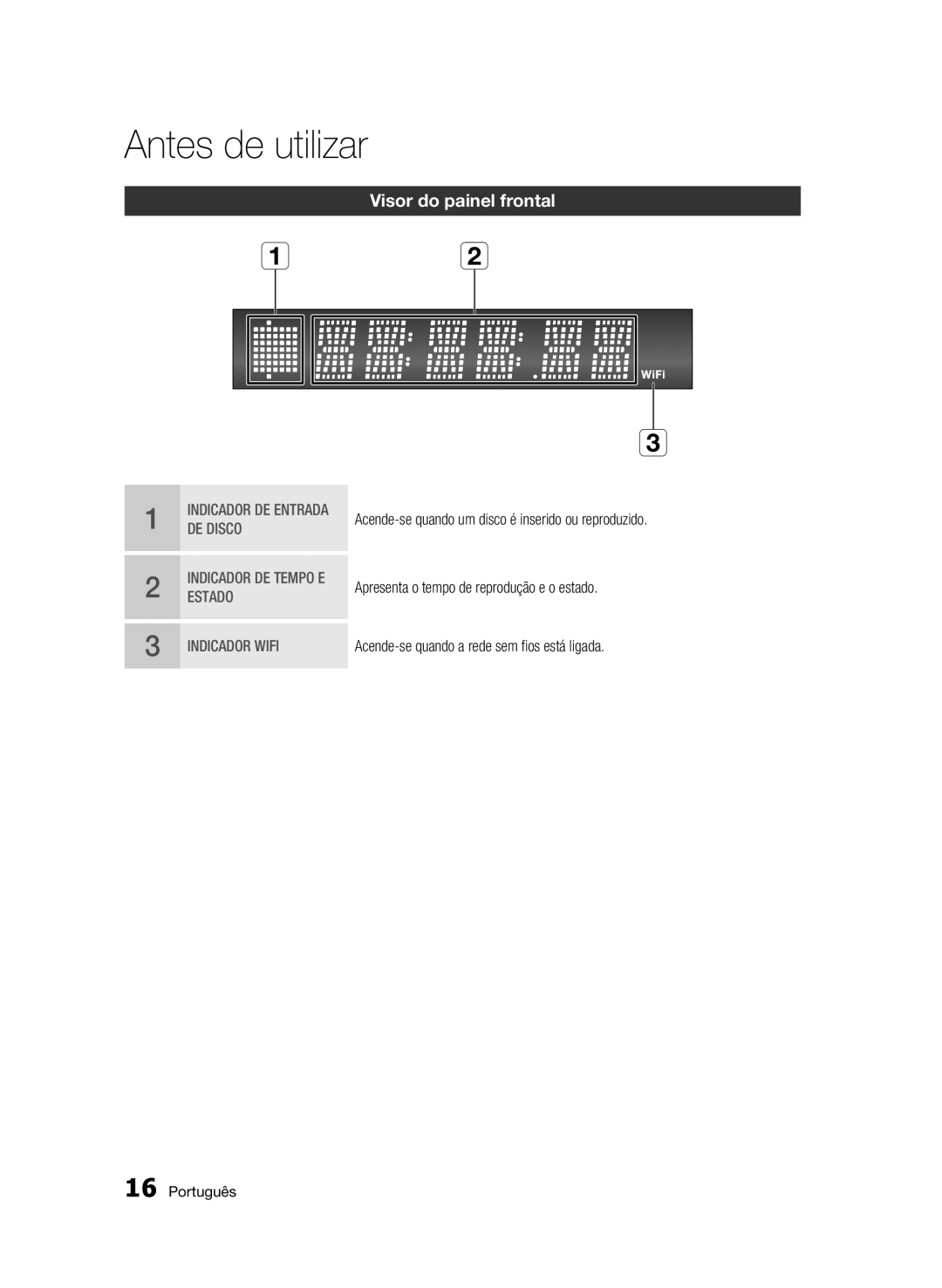 Samsung BD-C5300/XEF manual Visor do painel frontal, Apresenta o tempo de reprodução e o estado 