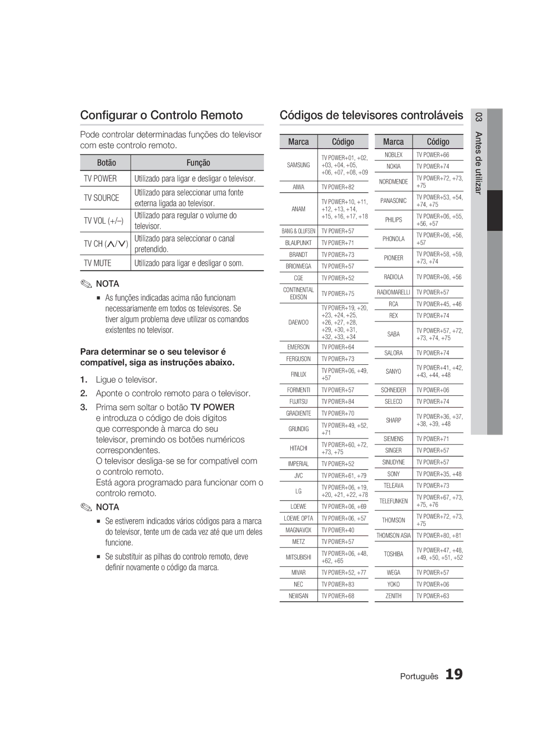 Samsung BD-C5300/XEF manual Configurar o Controlo Remoto, Códigos de televisores controláveis 