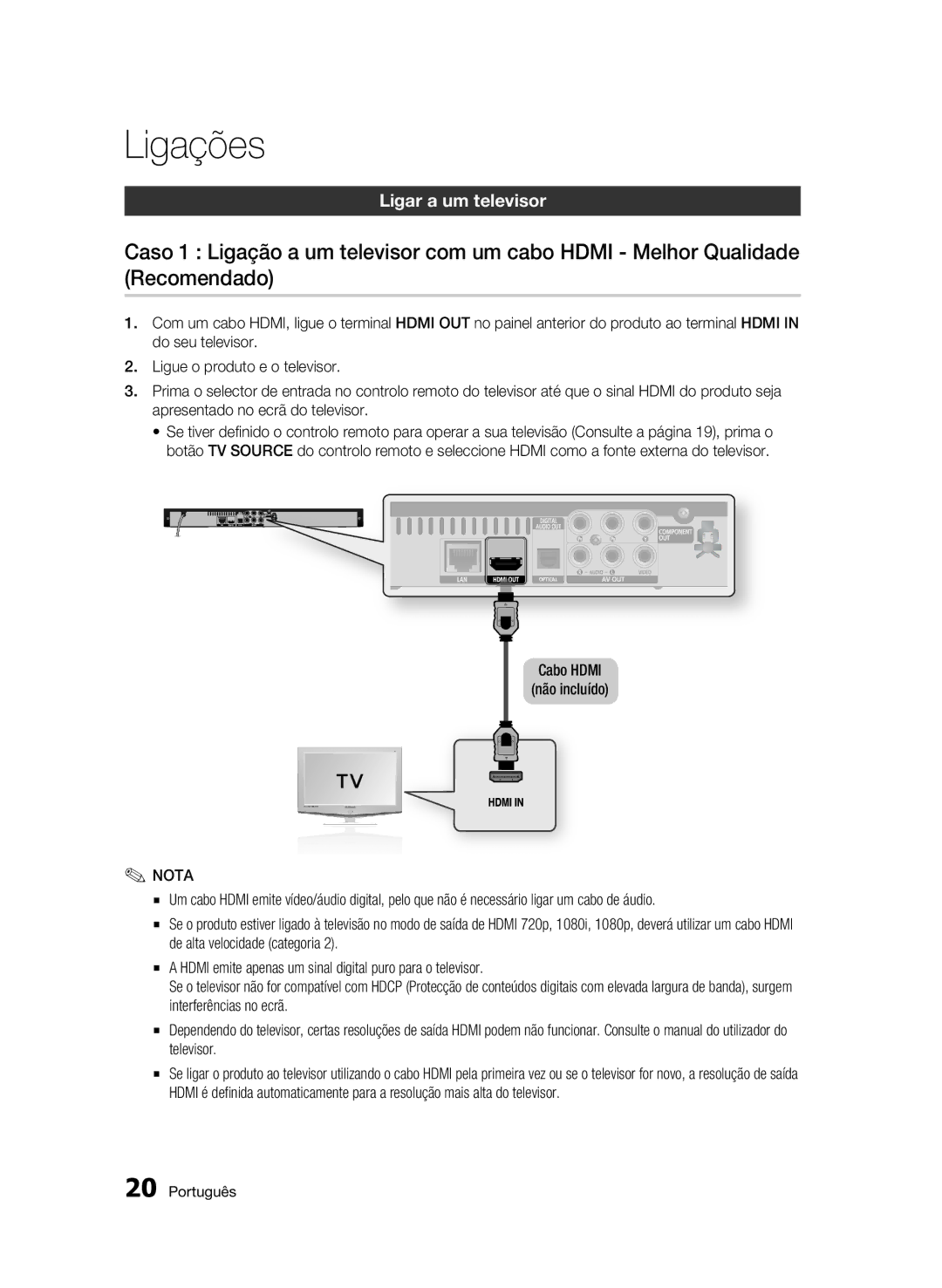 Samsung BD-C5300/XEF manual Ligações, Ligar a um televisor, Cabo Hdmi Não incluído 