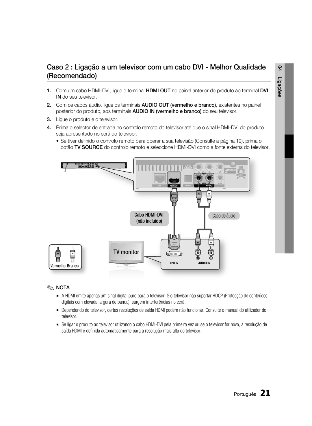 Samsung BD-C5300/XEF manual Cabo de áudio, Vermelho Branco 