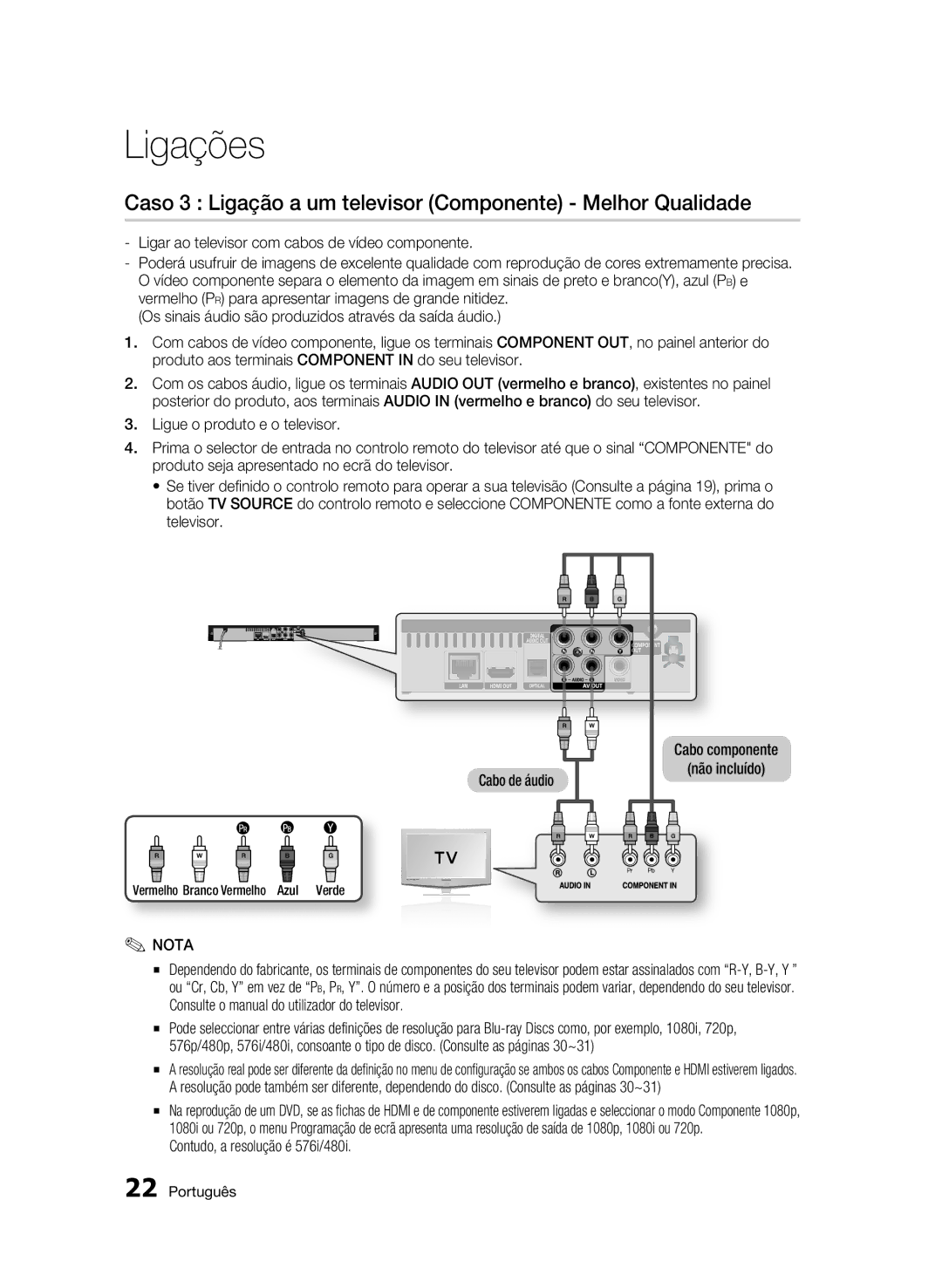 Samsung BD-C5300/XEF manual Caso 3 Ligação a um televisor Componente Melhor Qualidade, Contudo, a resolução é 576i/480i 