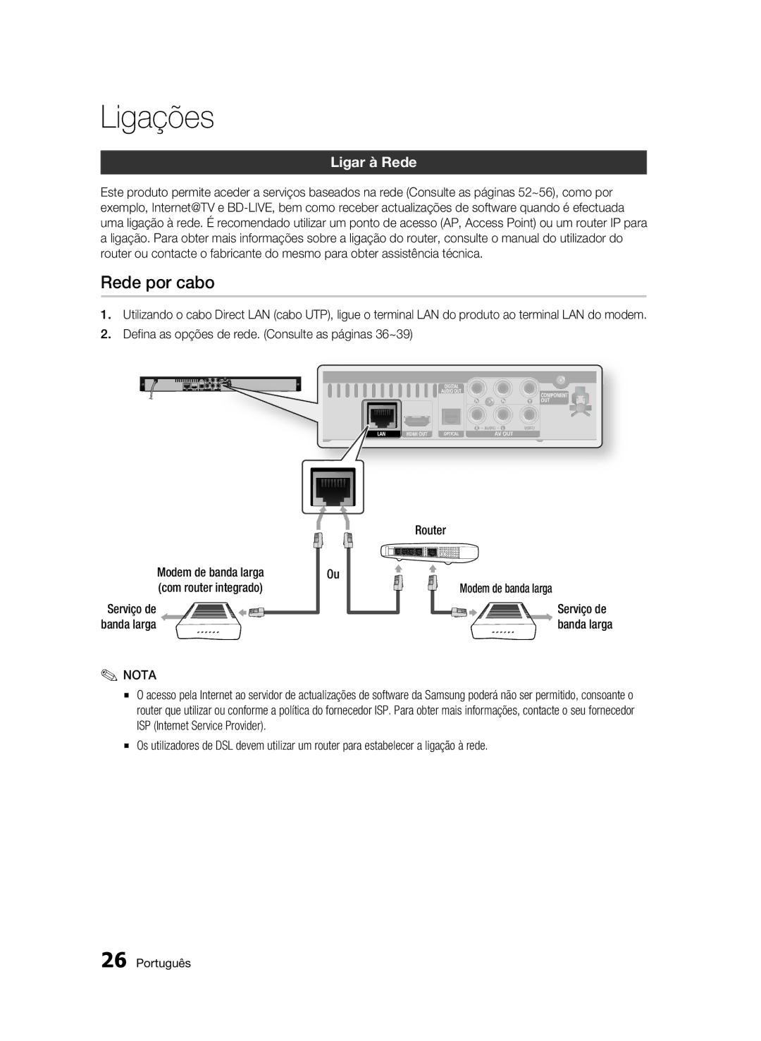 Samsung BD-C5300/XEF manual Rede por cabo, Ligar à Rede, Serviço de 