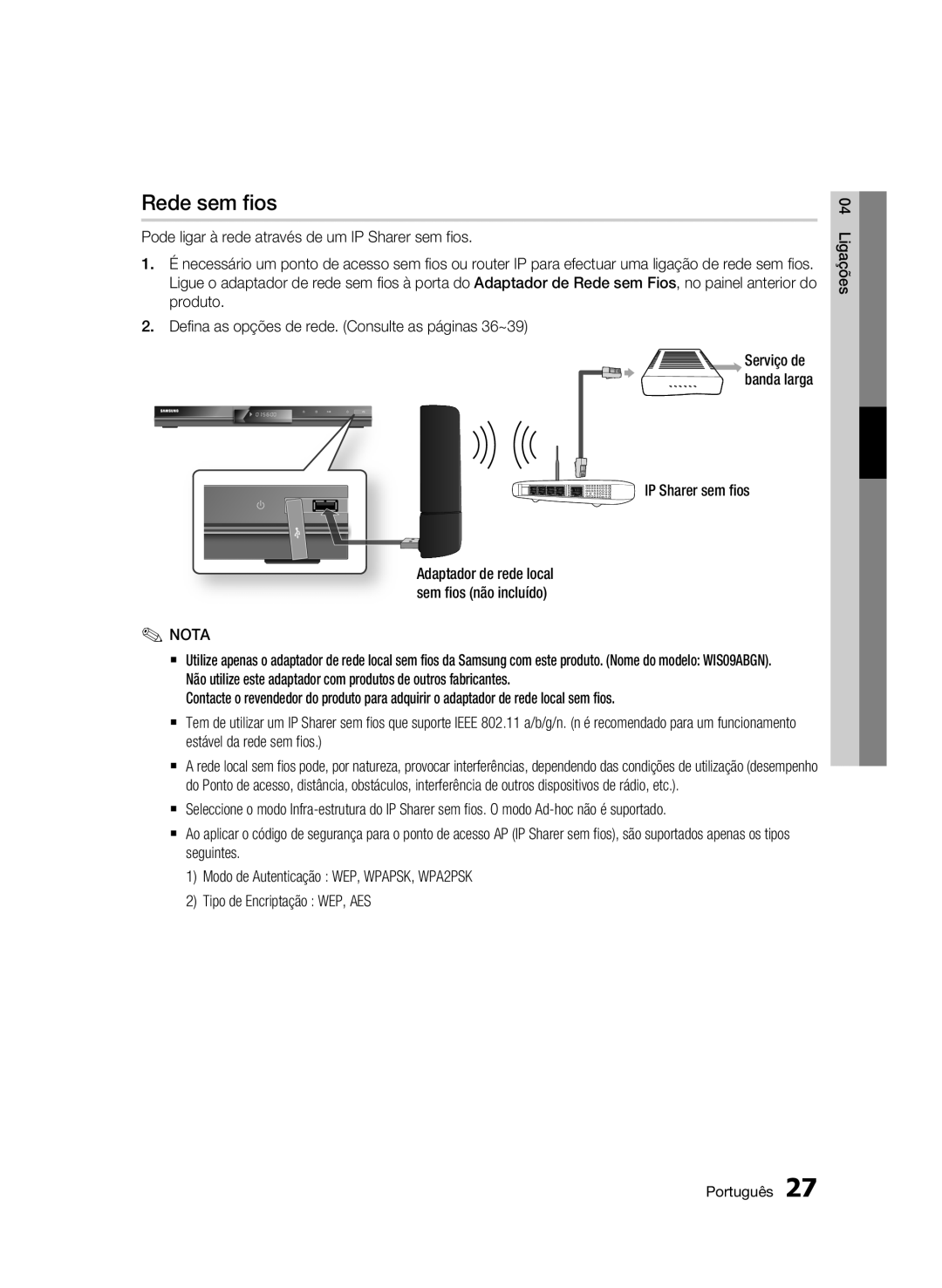 Samsung BD-C5300/XEF manual Rede sem fios, IP Sharer sem fios, Adaptador de rede local sem fios não incluído 