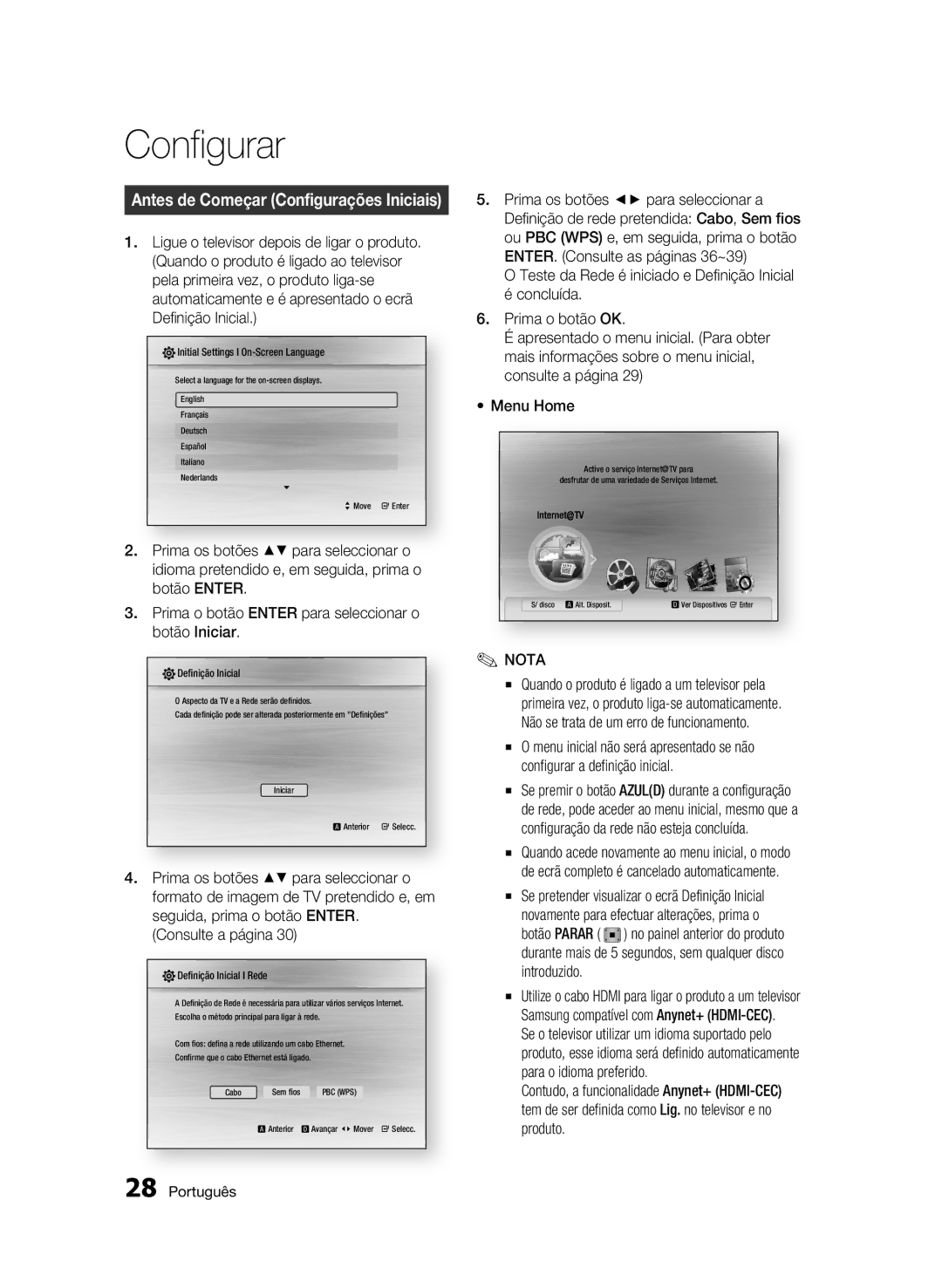 Samsung BD-C5300/XEF manual Configurar, Definição Inicial 