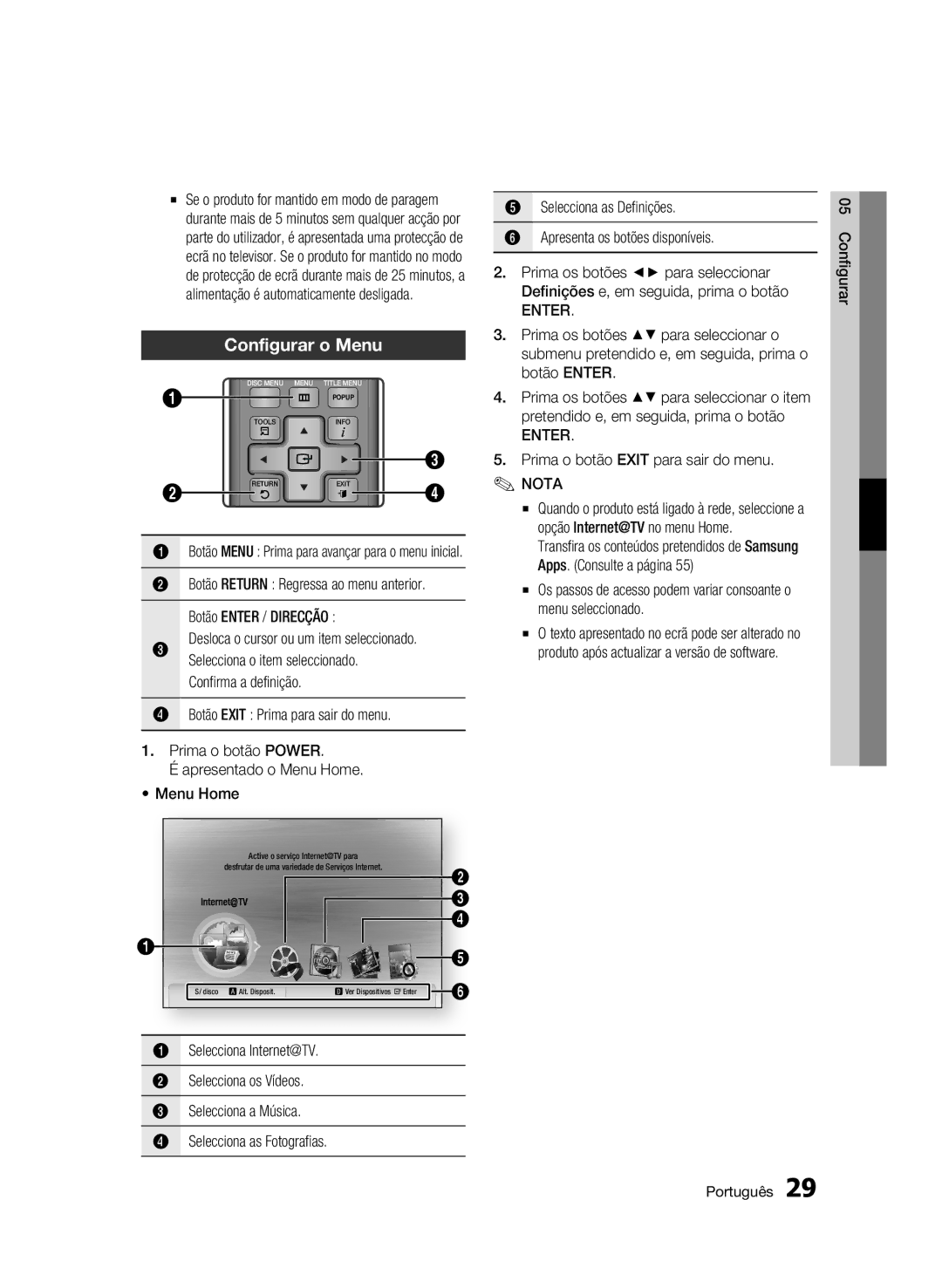 Samsung BD-C5300/XEF manual Configurar o Menu, Enter, Prima o botão Exit para sair do menu 