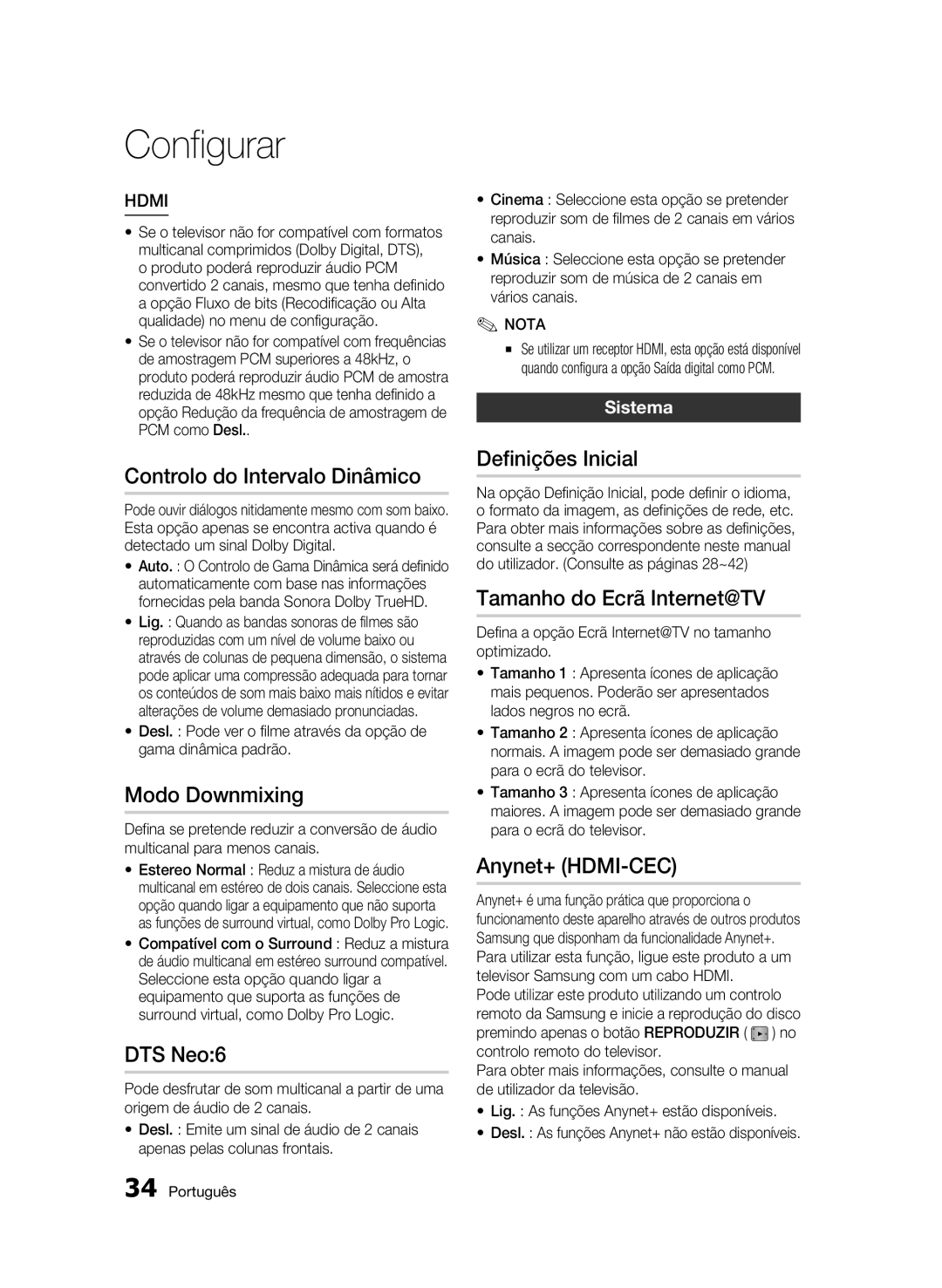 Samsung BD-C5300/XEF Controlo do Intervalo Dinâmico, Modo Downmixing, Definições Inicial, Tamanho do Ecrã Internet@TV 