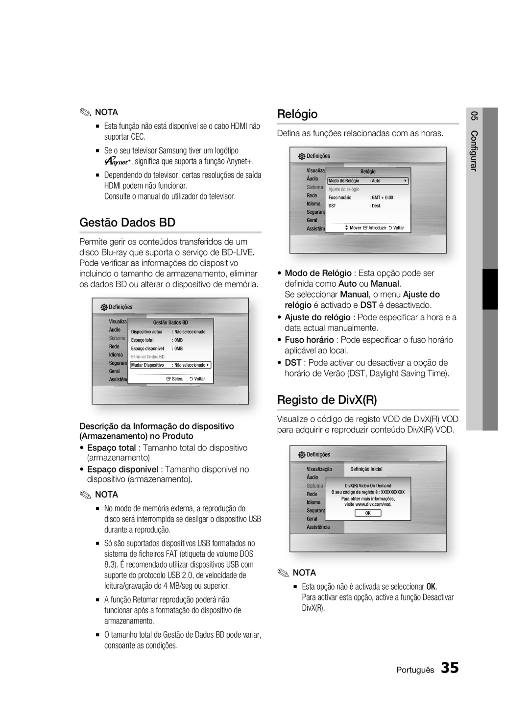 Samsung BD-C5300/XEF manual Gestão Dados BD, Relógio, Registo de DivXR, Defina as funções relacionadas com as horas 