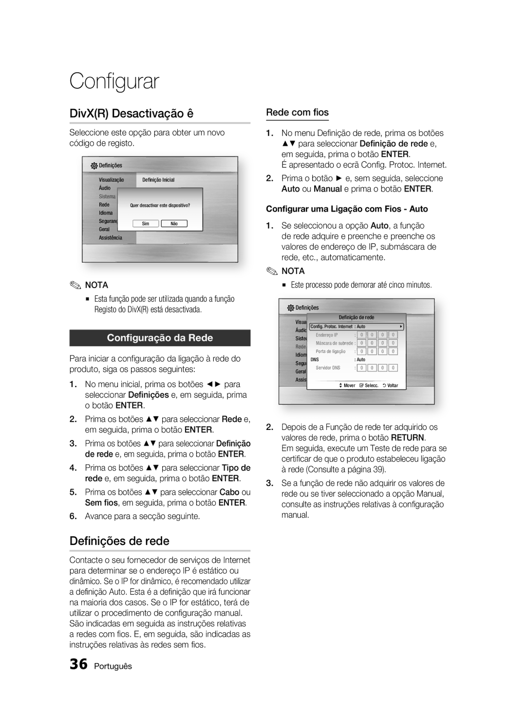 Samsung BD-C5300/XEF manual DivXR Desactivação ê, Definições de rede, Configuração da Rede, Rede com fios 