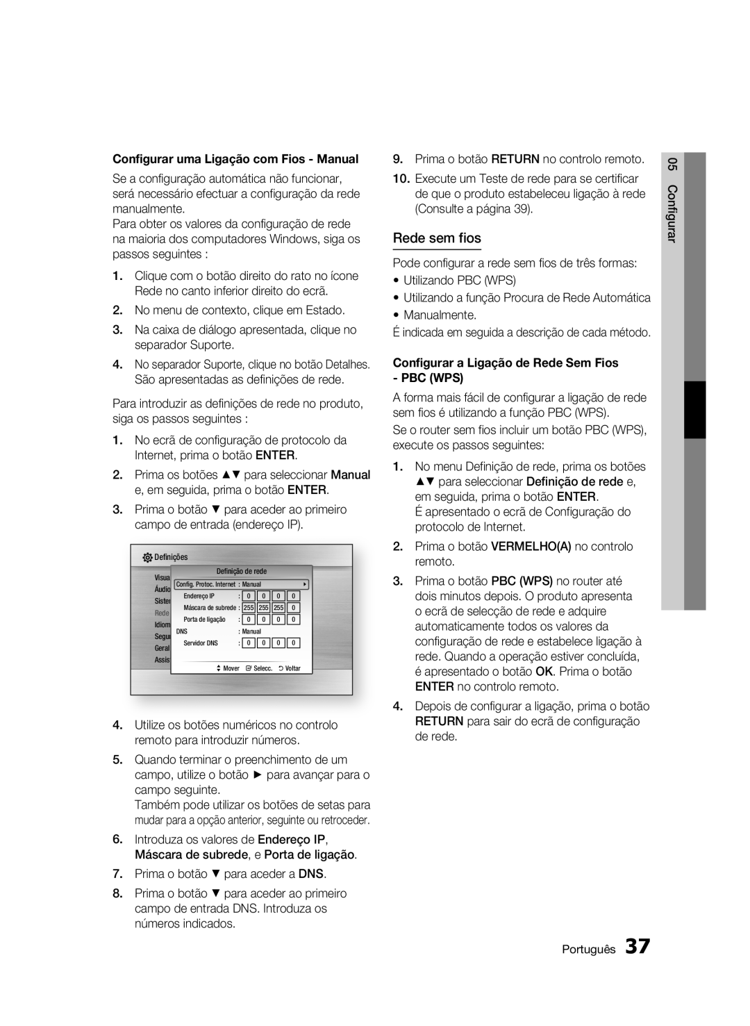 Samsung BD-C5300/XEF manual Rede sem fios, Configurar uma Ligação com Fios Manual, Manualmente 