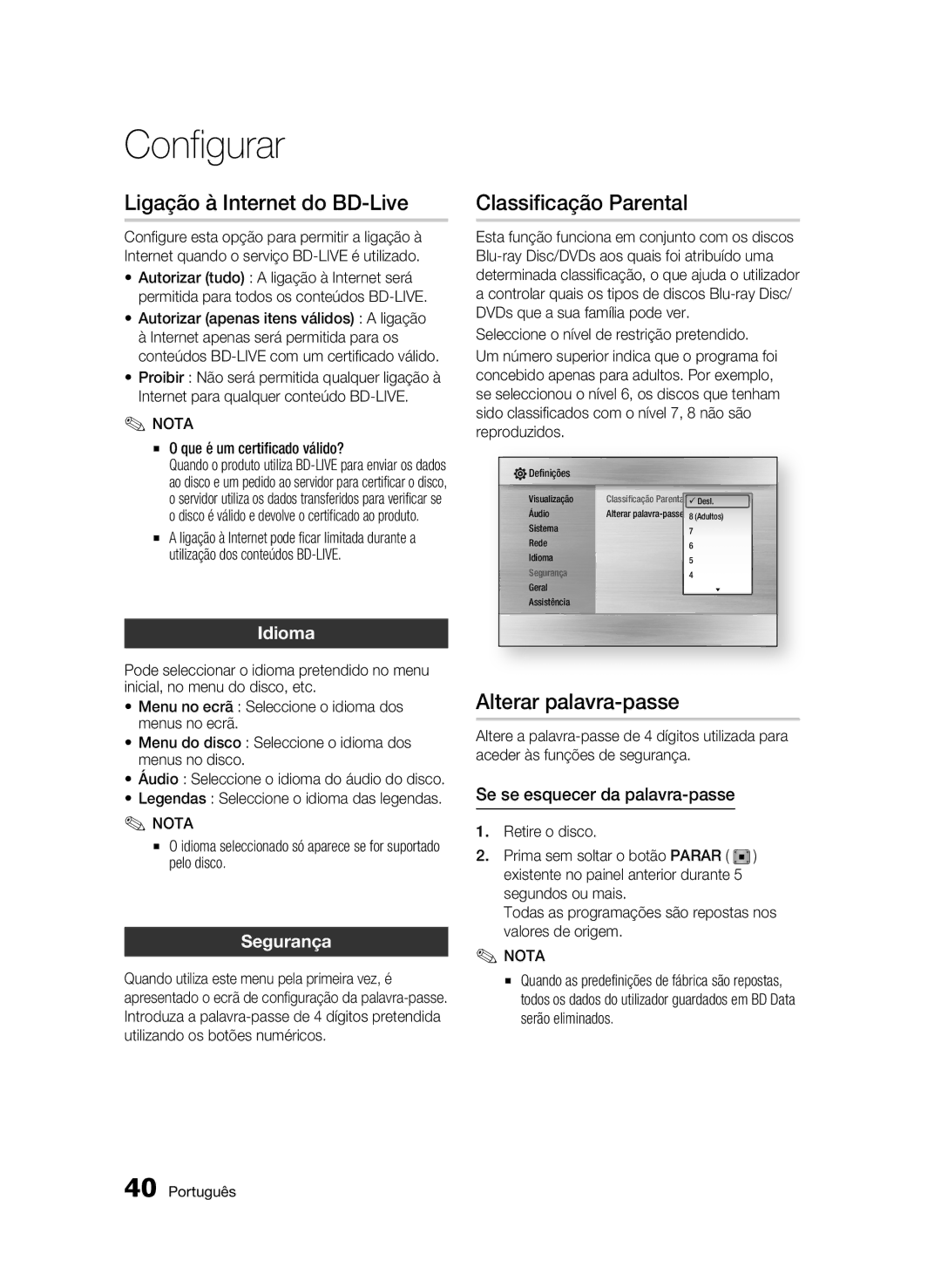 Samsung BD-C5300/XEF manual Ligação à Internet do BD-Live, Classificação Parental, Alterar palavra-passe, Idioma, Segurança 