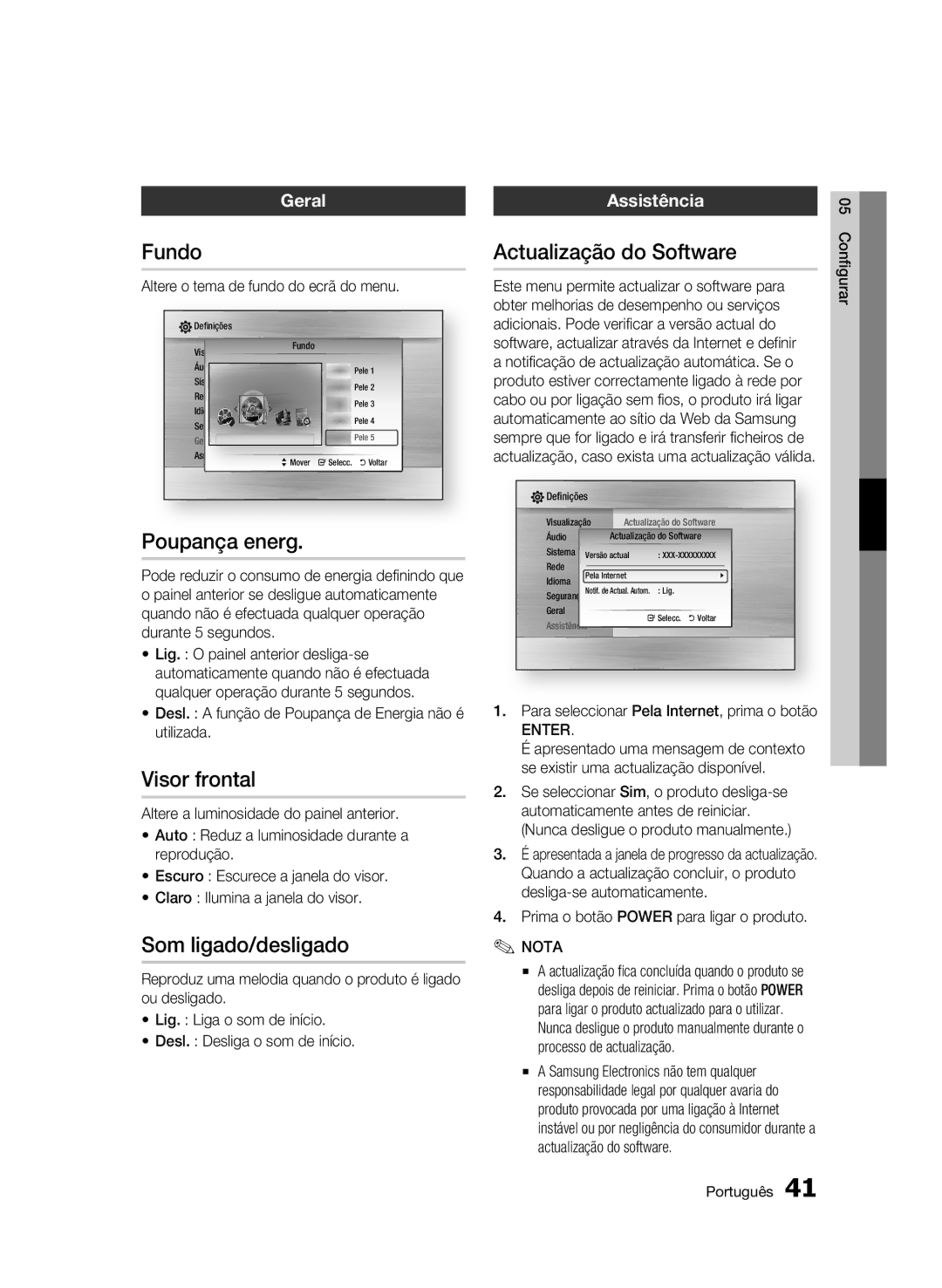 Samsung BD-C5300/XEF manual Fundo, Poupança energ, Visor frontal, Som ligado/desligado, Actualização do Software 