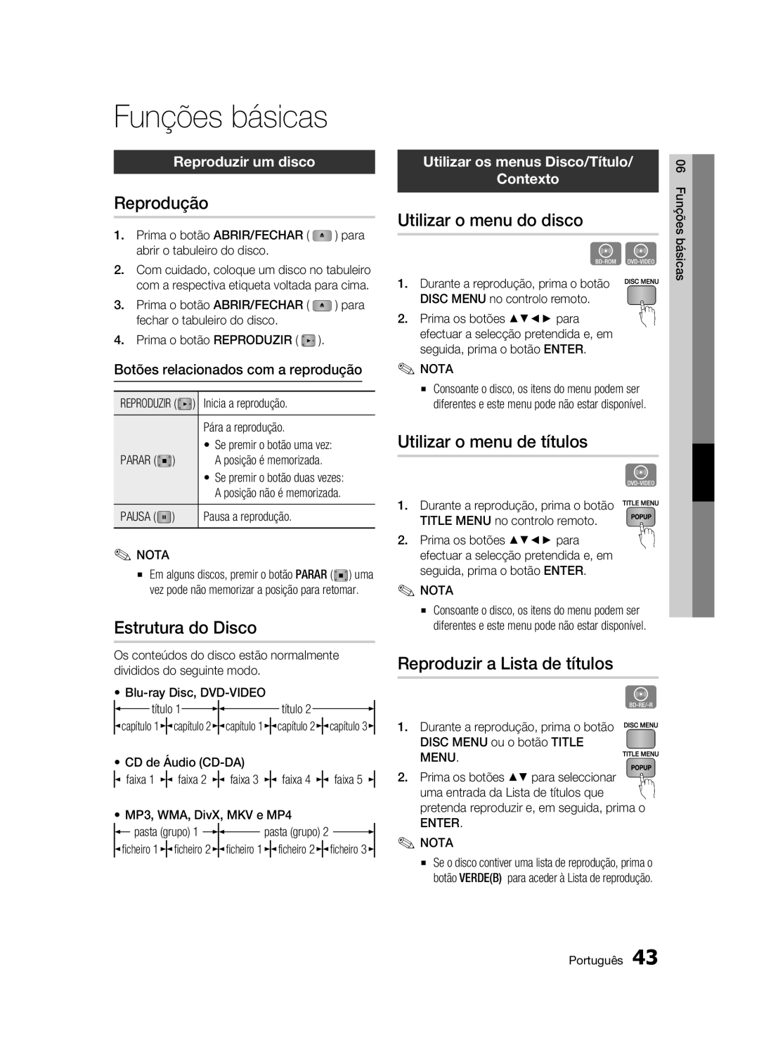 Samsung BD-C5300/XEF manual Funções básicas 