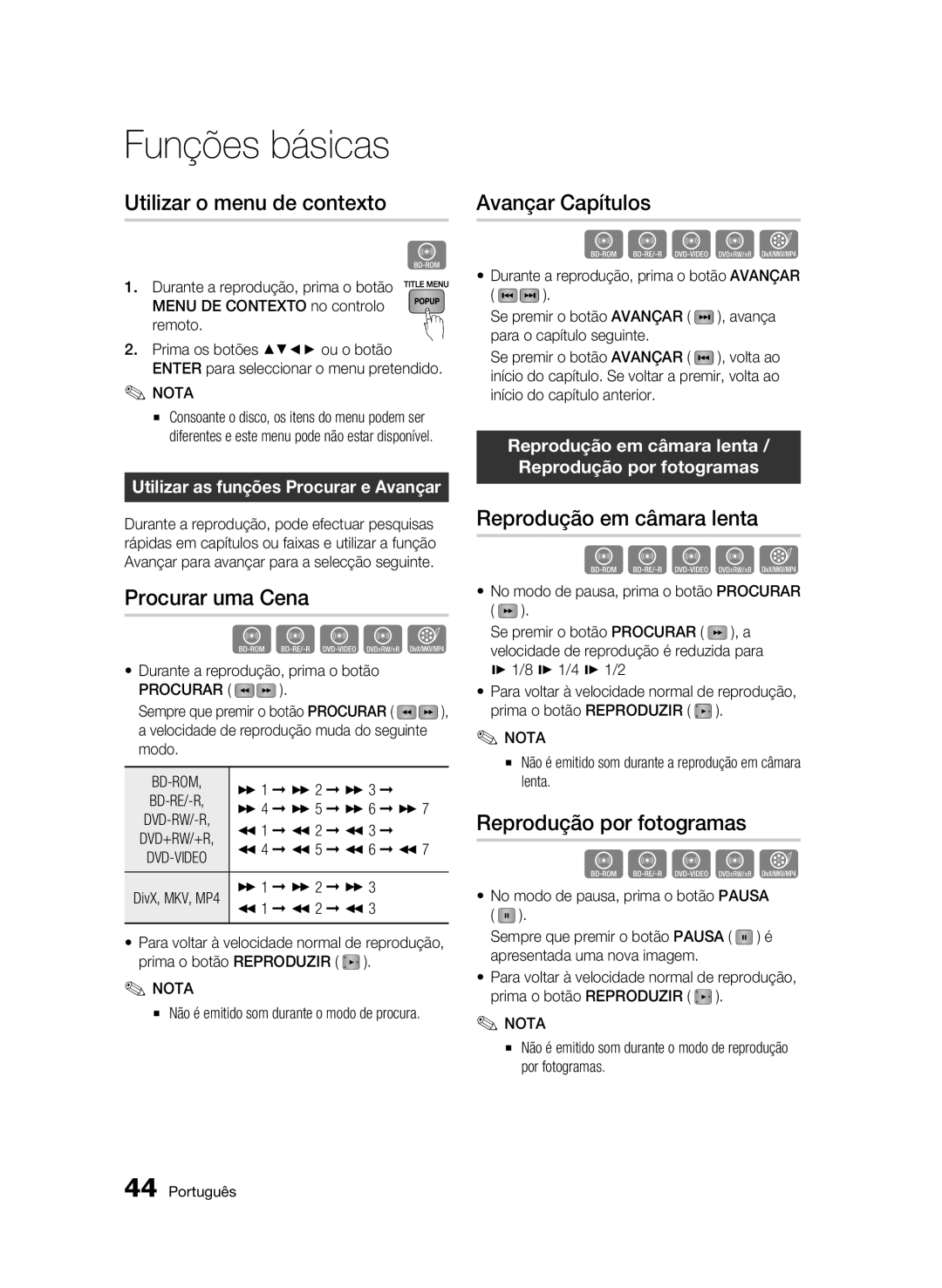 Samsung BD-C5300/XEF manual Utilizar o menu de contexto, Procurar uma Cena, Avançar Capítulos, Reprodução em câmara lenta 