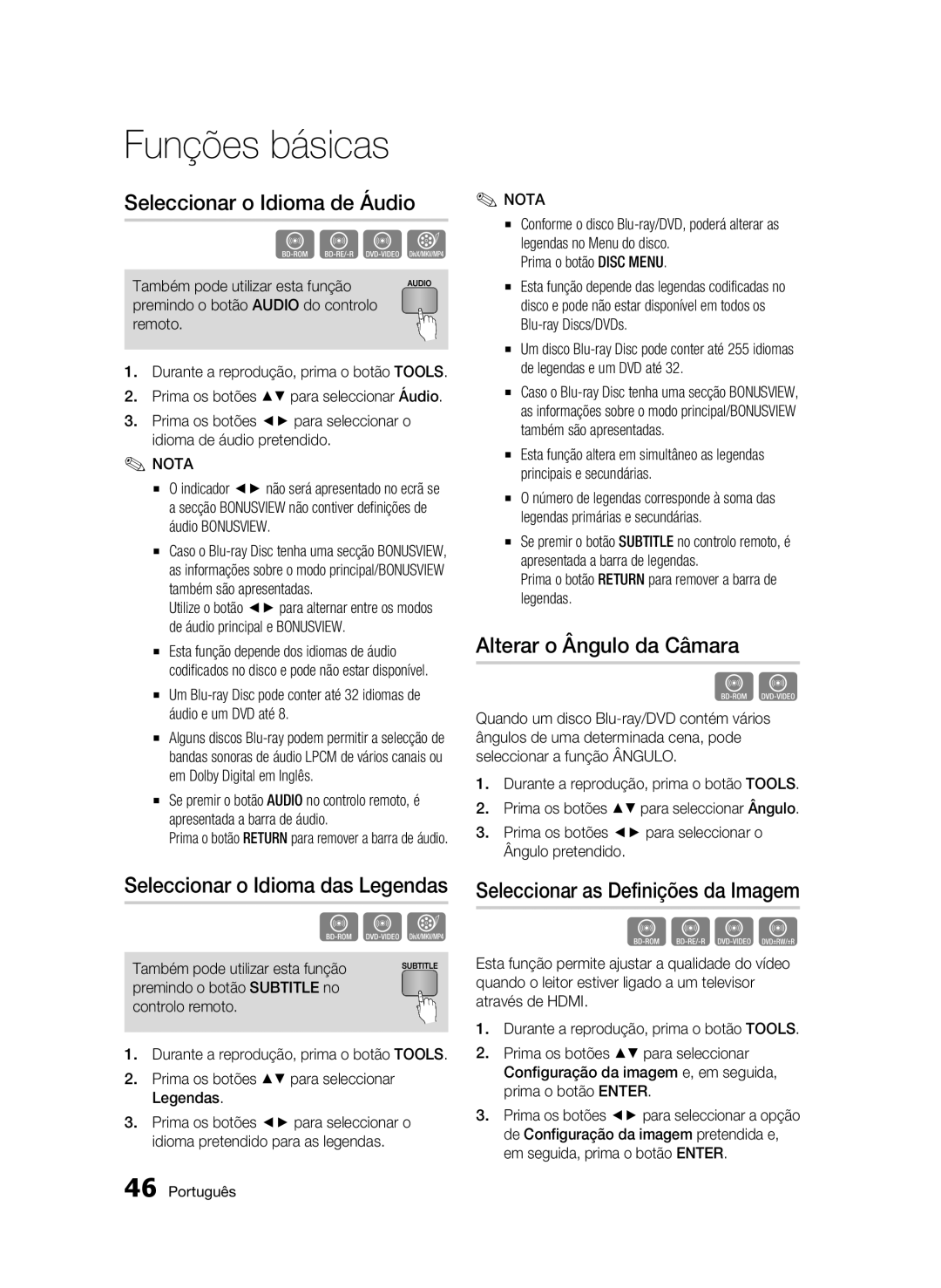 Samsung BD-C5300/XEF manual Seleccionar o Idioma de Áudio, Seleccionar o Idioma das Legendas, Alterar o Ângulo da Câmara 