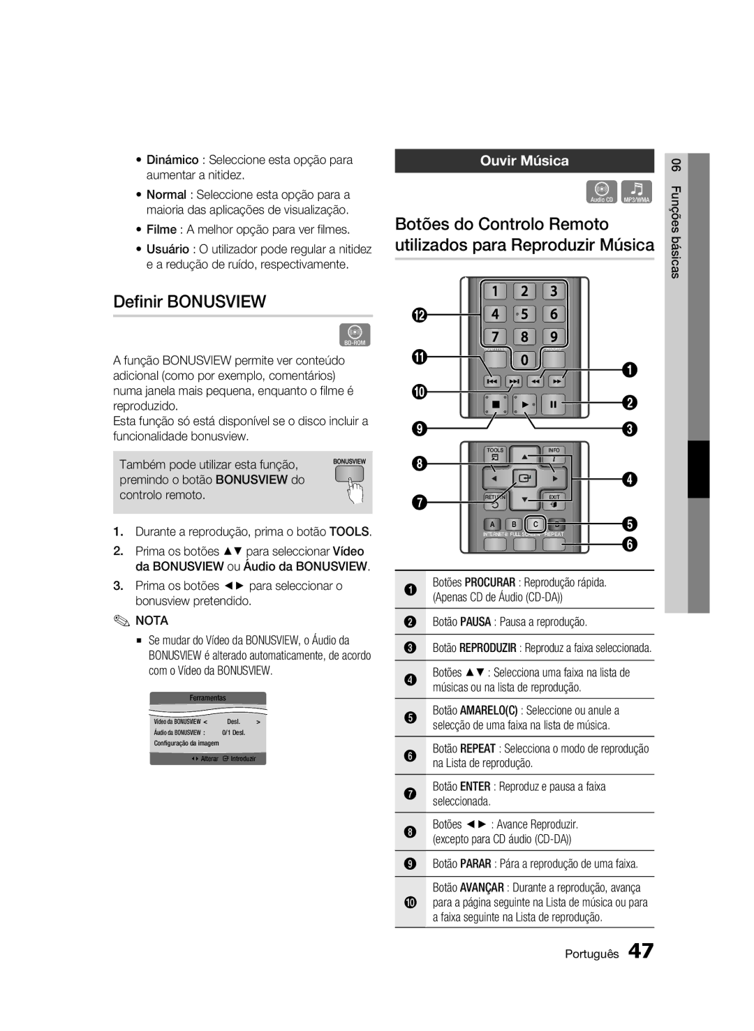 Samsung BD-C5300/XEF manual Definir Bonusview, Botões do Controlo Remoto utilizados para Reproduzir Música, Ouvir Música 