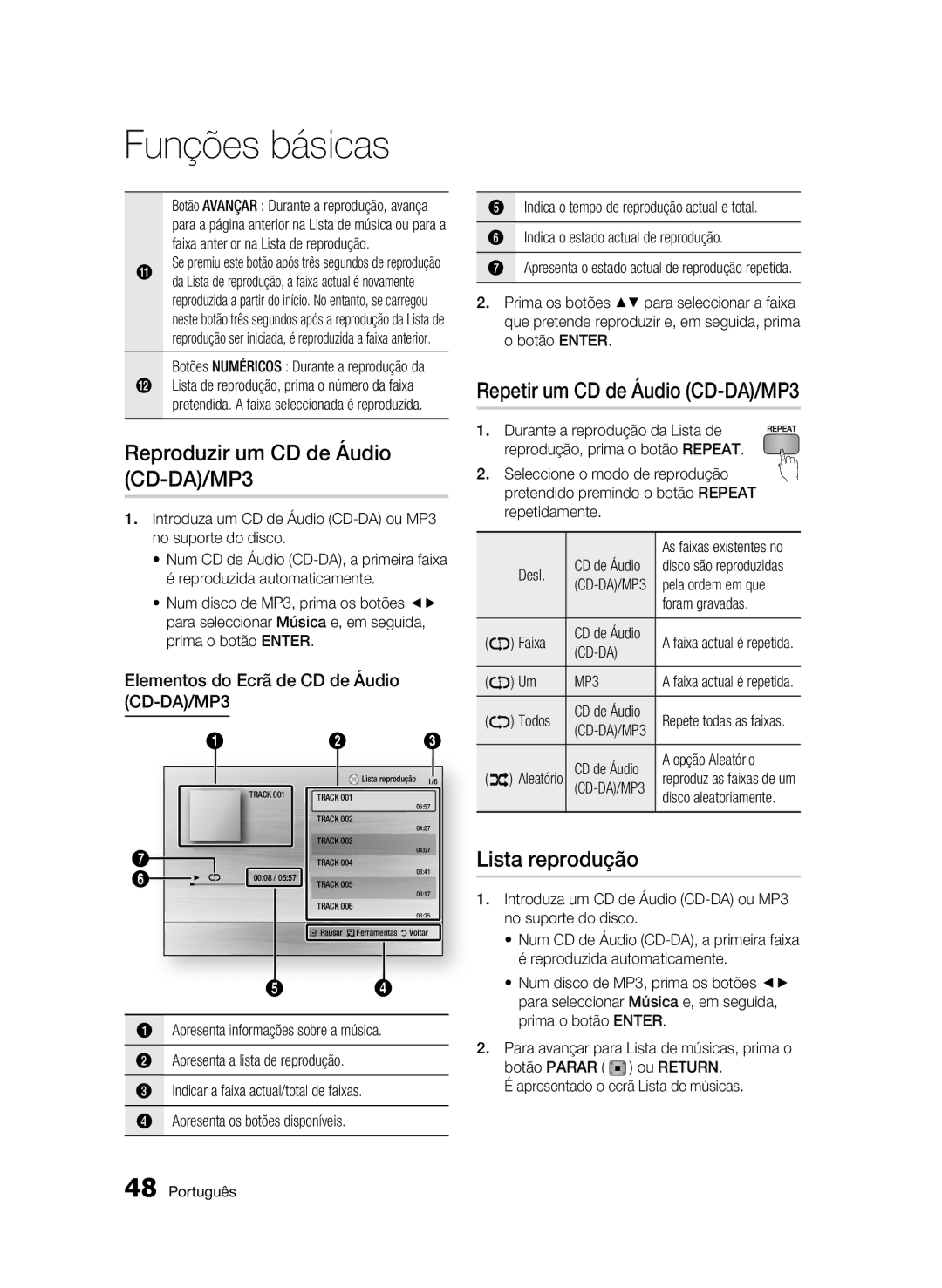 Samsung BD-C5300/XEF manual Reproduzir um CD de Áudio CD-DA/MP3, Repetir um CD de Áudio CD-DA/MP3, Lista reprodução 