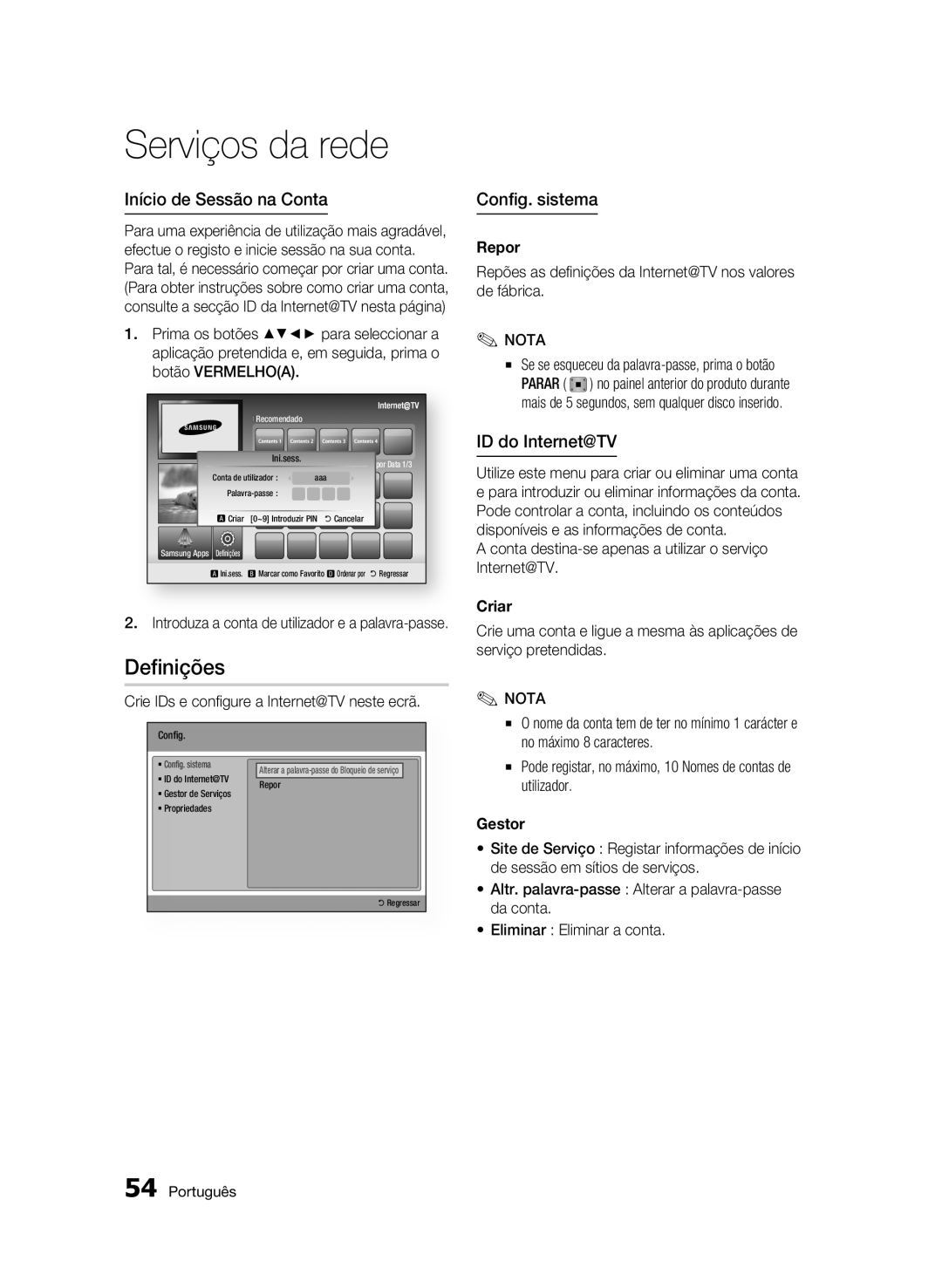 Samsung BD-C5300/XEF manual Definições, Início de Sessão na Conta, Config. sistema, ID do Internet@TV 