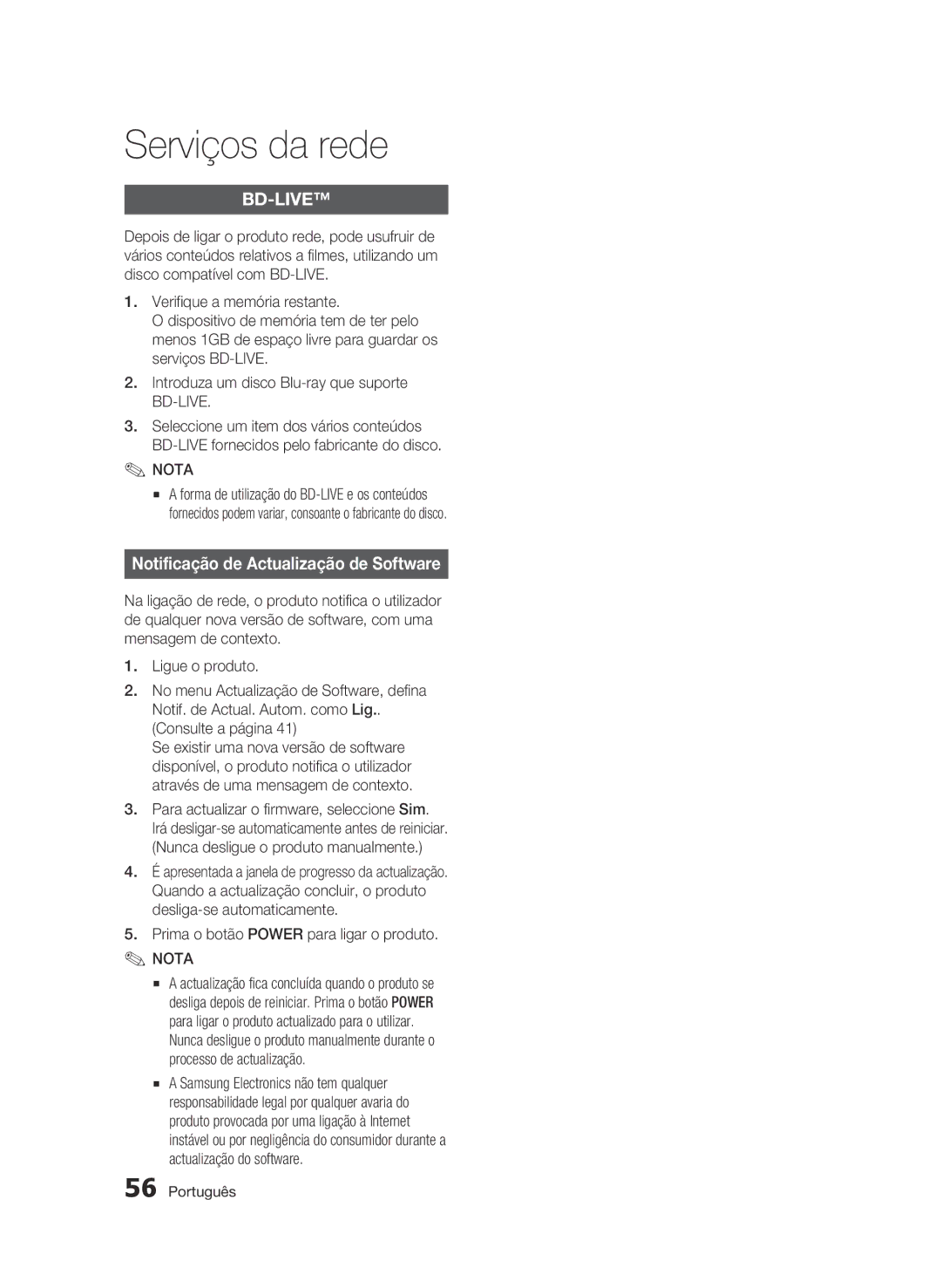 Samsung BD-C5300/XEF manual Notificação de Actualização de Software, Prima o botão Power para ligar o produto 