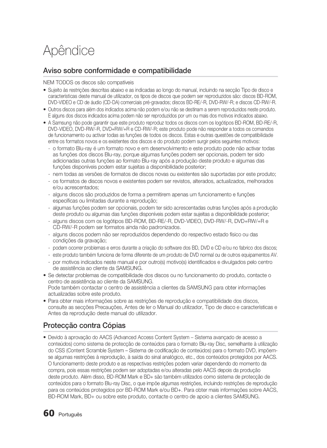 Samsung BD-C5300/XEF manual Aviso sobre conformidade e compatibilidade, Protecção contra Cópias 