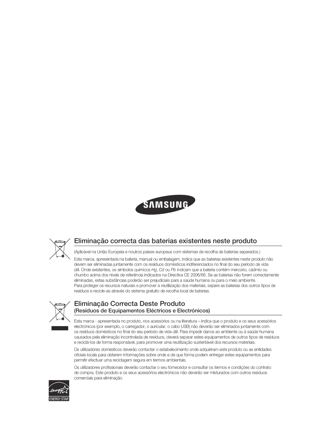 Samsung BD-C5300/XEF manual Eliminação correcta das baterias existentes neste produto 