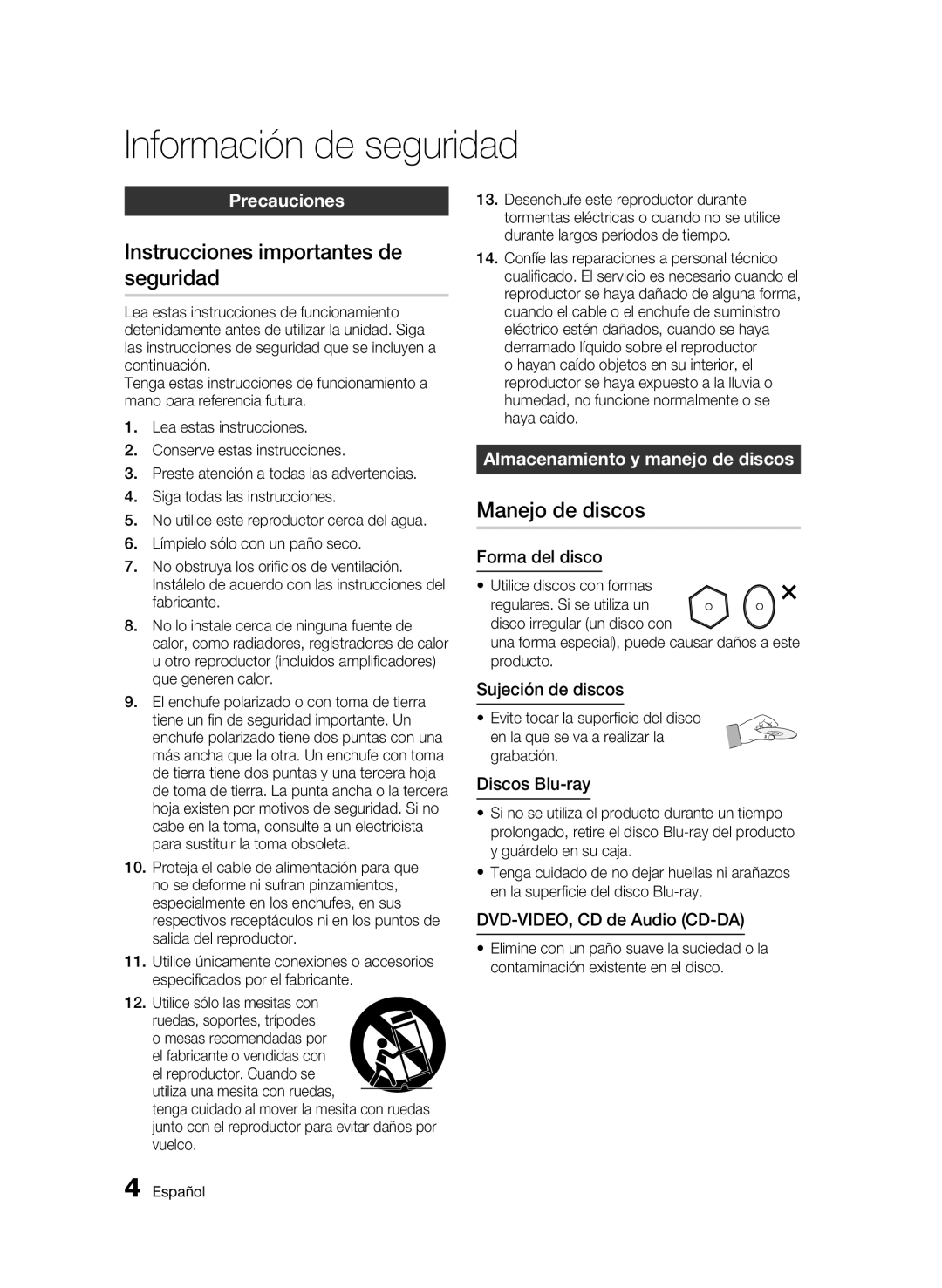 Samsung BD-C5300/XEF manual Instrucciones importantes de seguridad, Manejo de discos, Precauciones 