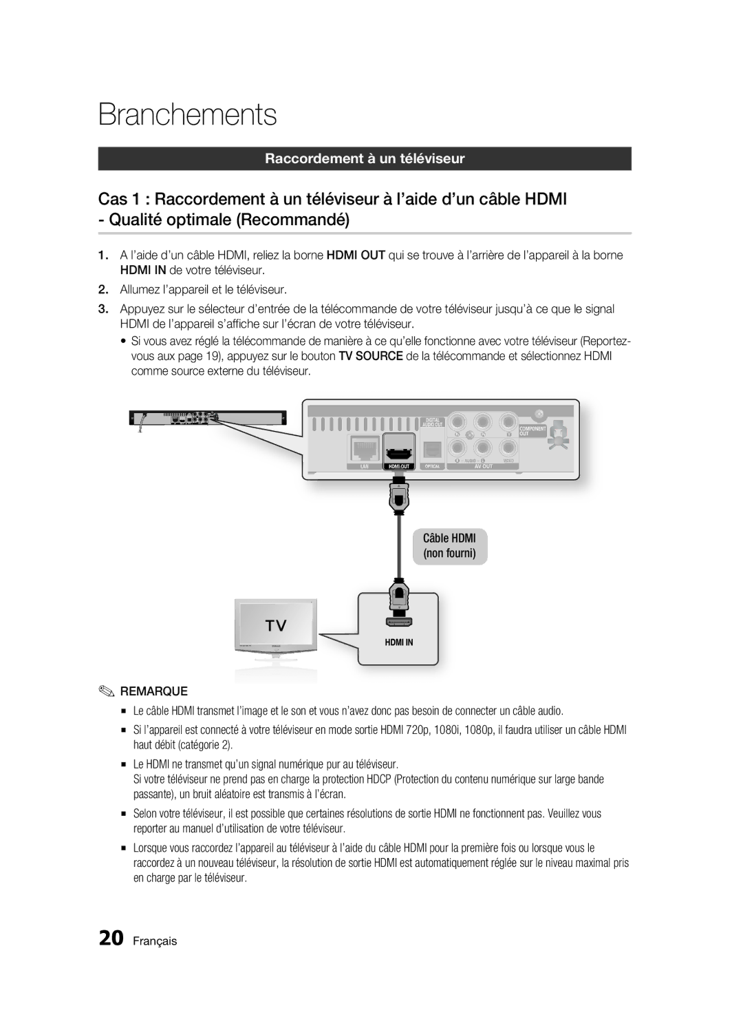 Samsung BD-C5300/XEF manual Branchements, Raccordement à un téléviseur 