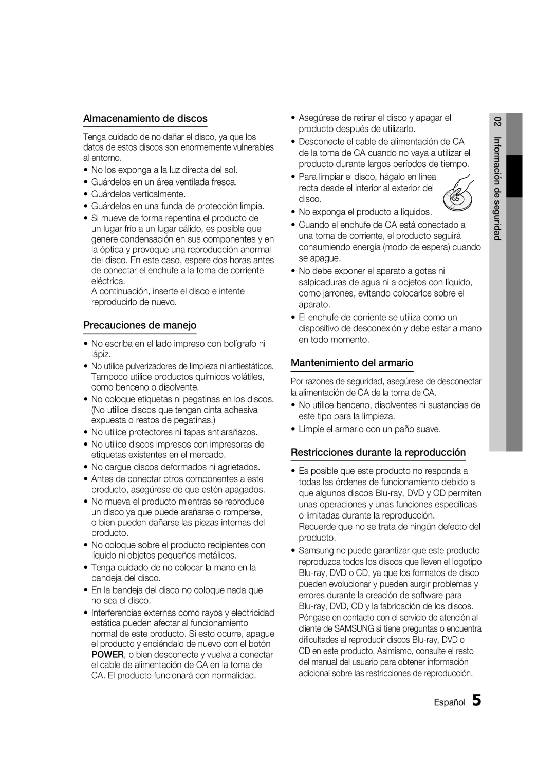 Samsung BD-C5300/XEF manual Almacenamiento de discos, Precauciones de manejo, Mantenimiento del armario 