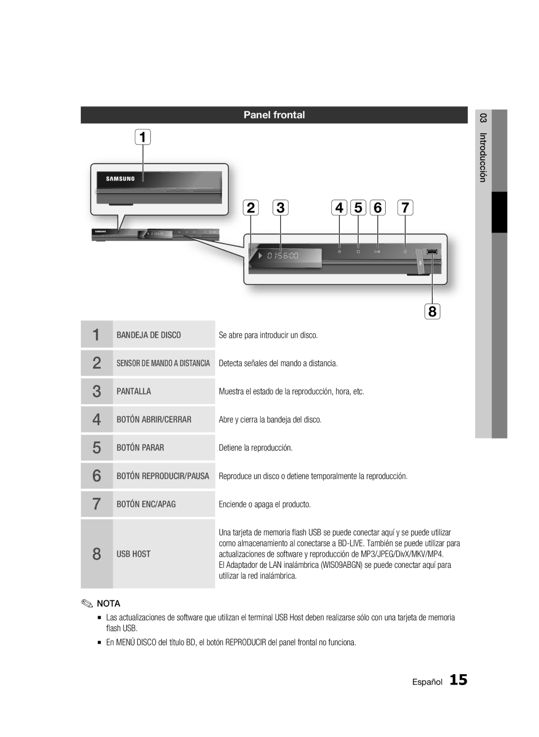 Samsung BD-C5300/XEF manual Panel frontal, Bandeja DE Disco 